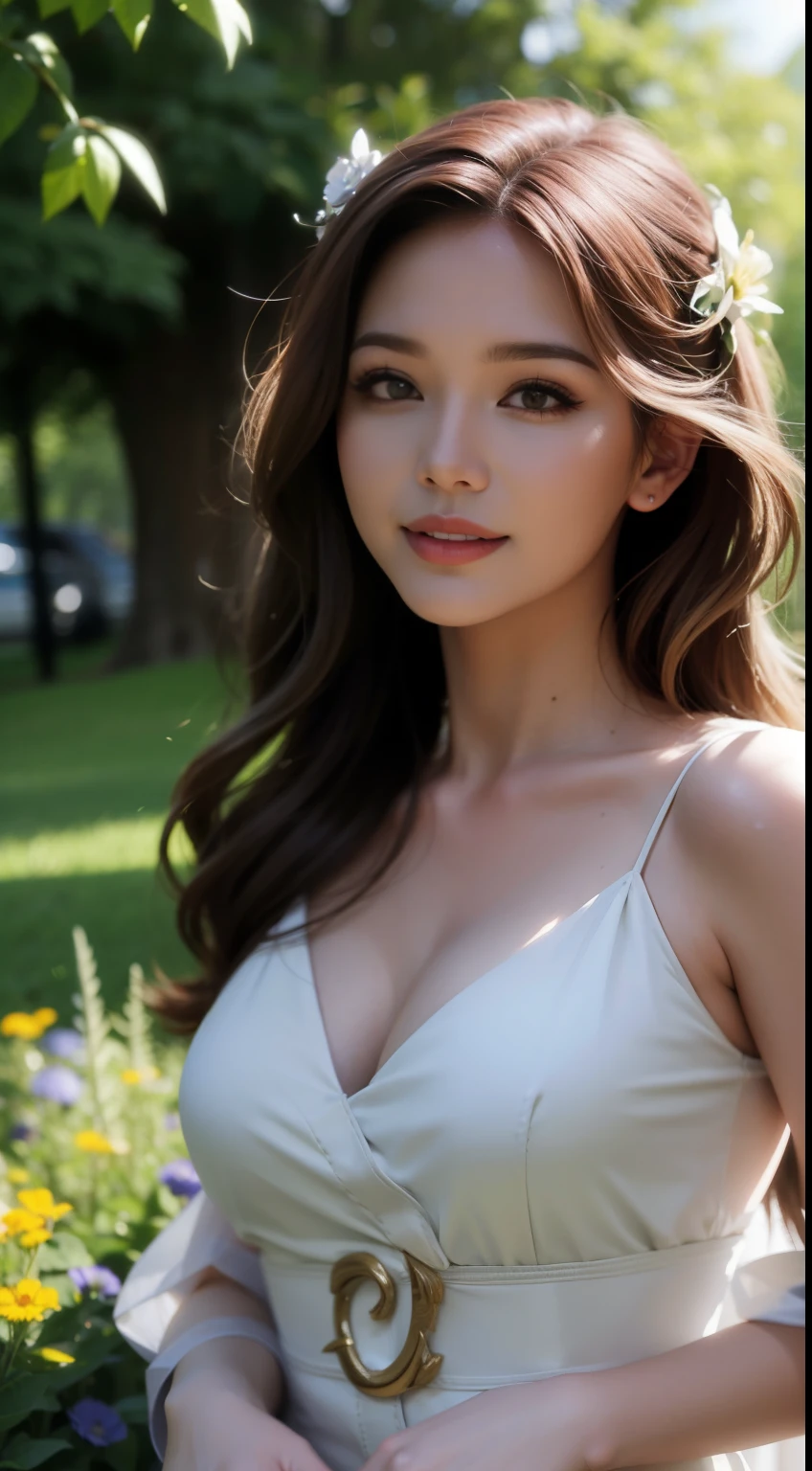 (((masterpiece, highest quality:1.1))), High resolution, (Ultra-detailed), 1 Girl ,light makeup, Mature Woman, Fascinating, elegant, stylish, Torn, Watching the audience , (((Waist length body))) , Perfect body, Beautiful woman, (Beautifully detailed face:1.2), Detailed and beautiful eyes,((Complex)), Perfect hands, Finger details, Mature Woman, boho maxi dresses, Corolla hair and loose waves , Sunlit meadow on wildflower background, Volumetric lighting, Complex Details, Sharp focus, Very detailed, Trending on Art Station.looking at the camera、smile
