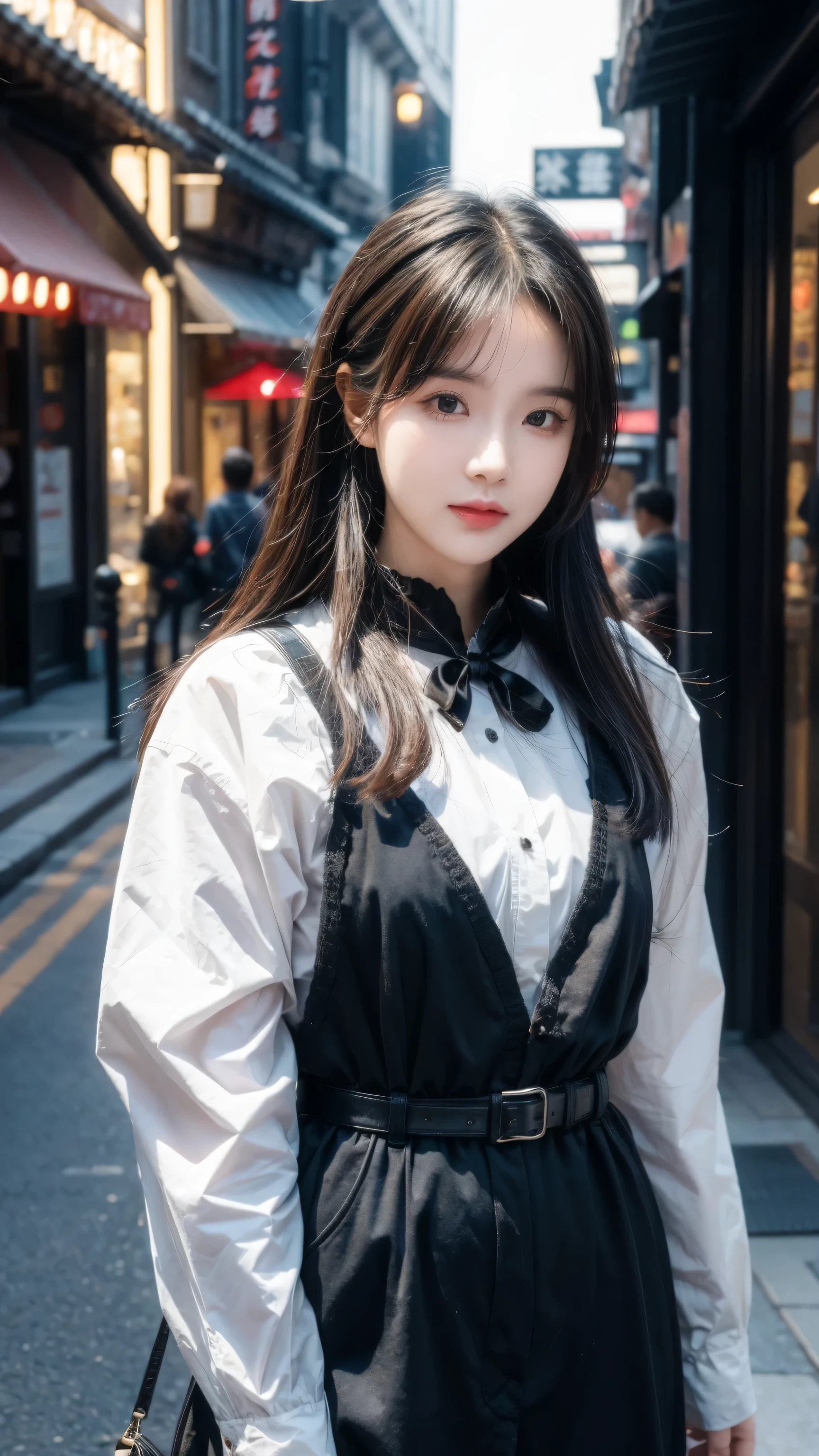 ((masterpiece, best quality)), (1girl), (solo), (female focus), yoru (chainsaw man),(very detailed face, real image, realistic white skin, realistic body, intricate details), upper body, focus on face, black hair tied, long hair, intimidating look, black pinafore dress, shirt, neck ribbon, small breasts