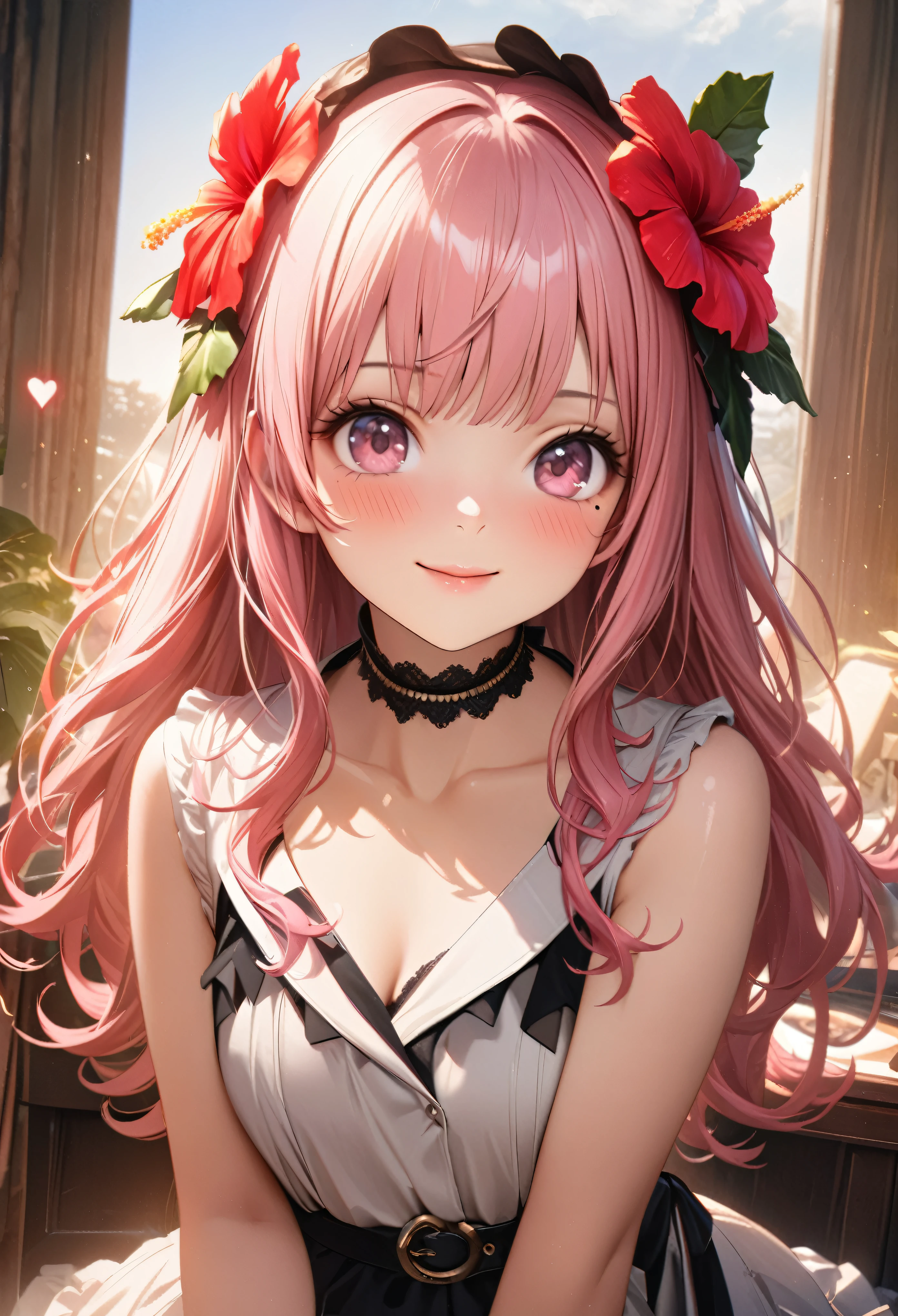 masterpiece, highest quality, Very detailed, High resolution, Expensive resolution, High resolution, 4K, 8k, unity 8k wallpaper, Very detailed CG, masterpiece, Realistic、 Beautiful details, depth, Fine texture, highest quality: 1.3, Total concentration, Crisp skin, he, Very cute anime, Cute like an idol, expensive pink long hair, One Girl, Aloha One Piece, morning, Breakfast, Hibiscus Hair Accessories, Smiling long pink hair, whole body, Mole under eye, Line Sight, expensive, blush, Lips parted, heart, Pink Eyes, choker