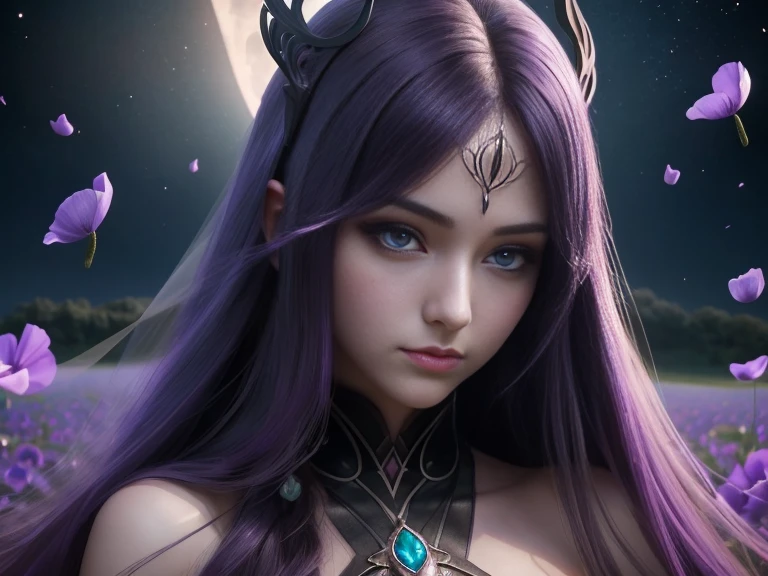 there is a full size transparent figure of the naked dark shadow spectre beautiful women with purple shining eyes and beautiful face  levitate above the fields filled with purple poppies, dark crescent moon shine behind her, illustration, high quality realistic anime art, beautiful spectral women, ghost girl with cute face, purple aura around the ghost body, Lot of ilusorik batterflys fly around the women, realistic high quality face,high quality lustful face expression,  4k best quality, masterpiece, best quality 4k wallpapers