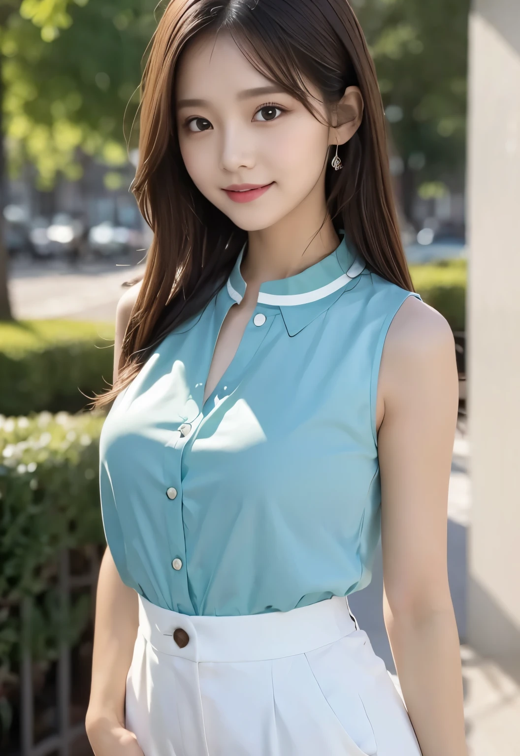 A woman in a blue shirt and white skirt posing for a picture - SeaArt AI