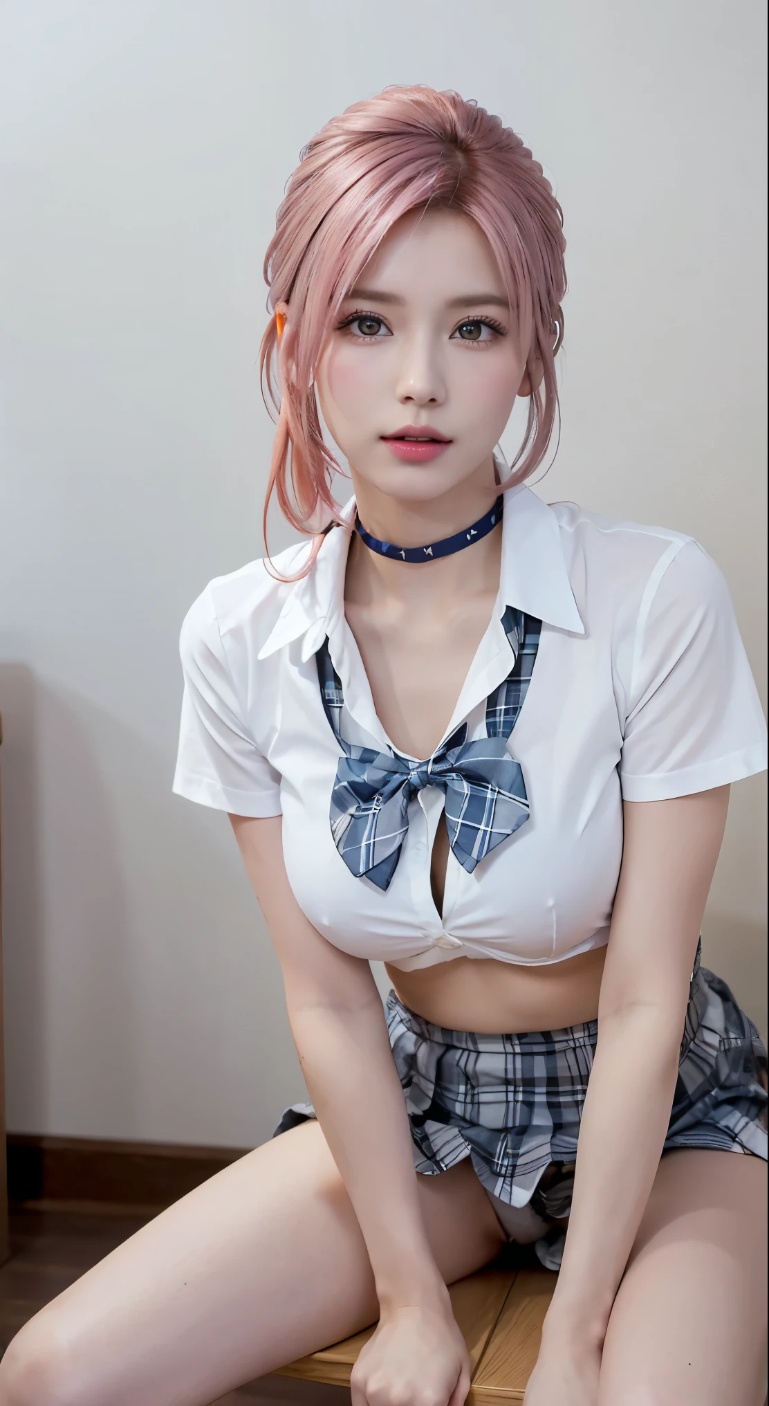(masterpiece:1.2, highest quality), (realistic, photorealistic:1.4), beautiful illustrations, 
looking at the viewer, whole body, Front view:0.6, 
1 girl, Japanese, high School girl, ((pompadour:1.7, pink hair:1.3)), blown hair, bangs, hair between eyes, :1.8, 
beautiful hair, beautiful and detailed eyes, beautiful clavicle, beautiful , beautiful thighs, beautiful feet, beautiful fingers, 
(beautiful scenery), , School,
((collared short sleeve shirt, white shirt, , Grey plaid pleated skirt, blue plaid bow tie, choker)), white panties, 
(Are standing, grab the hem of the skirt, put your hand on your , hand between legs, leaning forward), 
blush，bikini、Swimwear