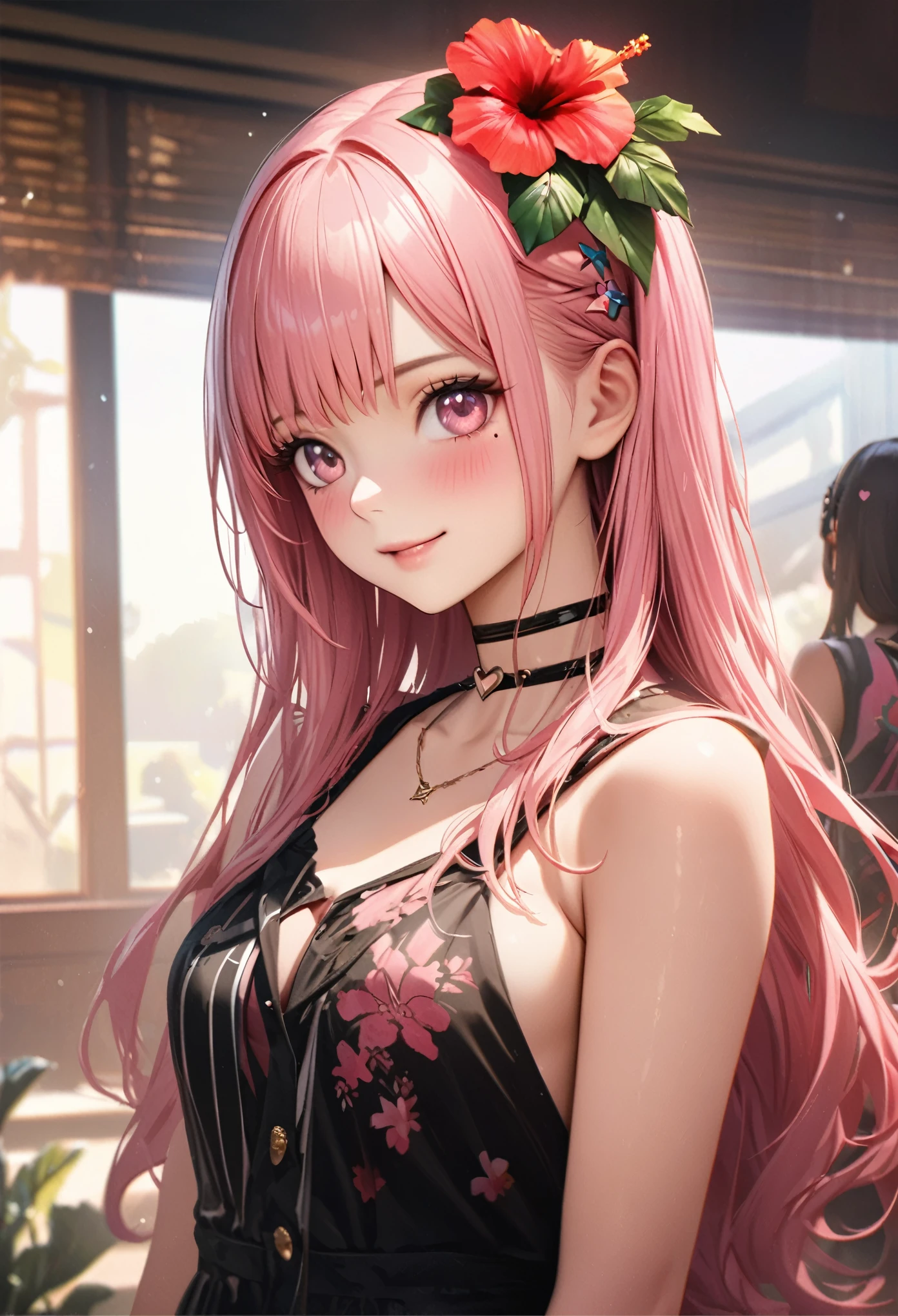 masterpiece, highest quality, Very detailed, High resolution, Expensive resolution, High resolution, 4K, 8k, unity 8k wallpaper, Very detailed CG, masterpiece, Realistic、 Beautiful details, depth, Fine texture, highest quality: 1.3, Total concentration, Crisp skin, he, Very cute anime, Cute like an idol, expensive pink long hair, One Girl, Aloha One Piece, morning, morning食, Hibiscus Hair Accessories, Smiling long pink hair, whole body, Mole under eye, Line Sight, expensive, blush, Lips parted, heart, Pink Eyes, choker