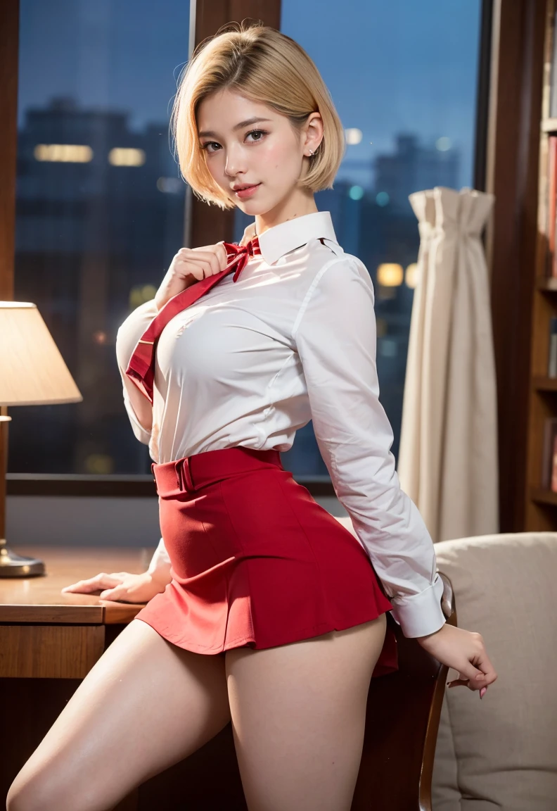 (((neat woman, Bright-eyed excitement,smile,blush,blush,red cheek,please touch me,tempting viewer,i want you))),(kneeling,arched back,spread legs apart,hands between the legs),((((blush,red cheek,sweat)))),(cinematic lighting), (Photo real:1.4)、(A hyper-realistic:1.4)、(Photorealistic:1.3)、 (gentle lighting: 1.05)、(Improve the lighting quality of your video:0.9)、 32k、25years old woman、photorealistic lighting、Back lighting、Facial Lights、Ray Trace、(bright:1.2)、(Increase quality:1.4)、 (best quality real texture skin)、Fair eyes,delicate face、 Close-up of the face, ((Wearing the red stewardess uniform,red stewardess,midium red skirt,navy panties,high-heel),(Bodyline mood improvement:1.1)、Glossy skin、Korean Idol、Nogizaka Idol、good figure,perfect anatomy,Beautiful actress,(((beautiful large breasts,underboob,slender waist,slender hip,long slender legs,8heads tall))),(((8heads tall))),(((blonde very short hair,curtain bangs))),(((in the beautiful modern office of library,super clean night view,in the night))),