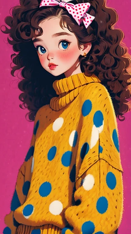 (masterpiece, best quality:1.2), 1 girl, Solitary，curls，Bow headband，Polka dot sweater，Sweater details，Clean background