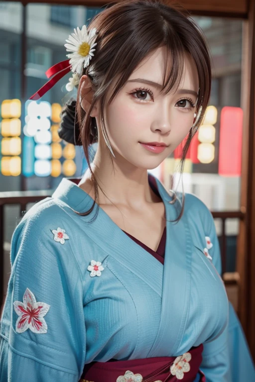 (8k、Photorealistic、Raw photo、highest quality: 1.3)、(real skin),Beautiful expression、High Detail、超A high resolution、(One Girl)、Super Beauty、(True Face)、(boyish、Natural color very short hair)、Rough chest T-shirt、Captivate your audience、Beautiful breasts、Lover's point of view、Beautiful smile、attractiveSurreal、hanikami,(yukata:1.2,cerulean:1.5,decorate hair with a flower)