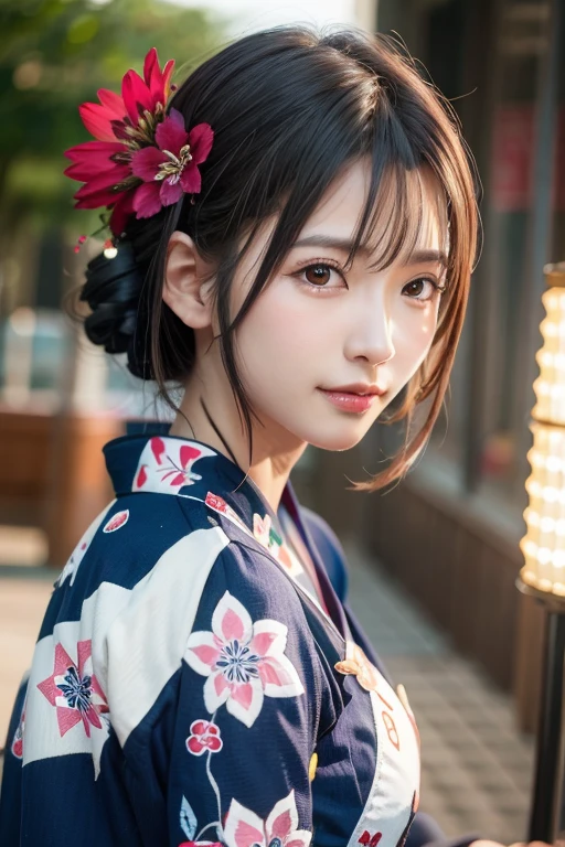 (8k、Photorealistic、Raw photo、highest quality: 1.3)、(real skin),Beautiful expression、High Detail、超A high resolution、(One Girl)、Super Beauty、(True Face)、(boyish、Natural color very short hair)、Rough chest T-shirt、Captivate your audience、Beautiful breasts、Lover's point of view、Beautiful smile、attractiveSurreal、hanikami,(yukata:1.2,cerulean:1.5,decorate hair with a flower)