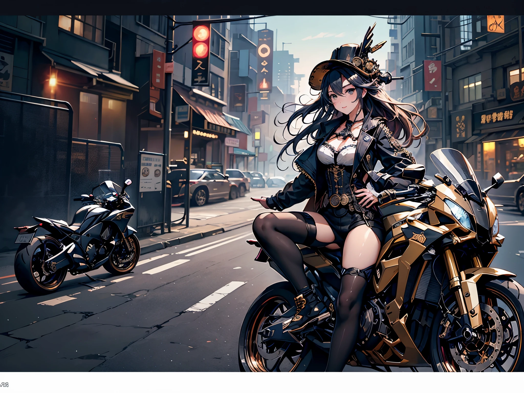 (Line art_anime),(Cowboy Shot, highest quality, ),(Laura Budd Photos:1.2),(Laura Add details:1.0),8K, Flat Color:0.8,Dynamic Angle,1 girl,smile、(On a steampunk motorcycle:1.5)、An elaborately decorated motorcycle、(Highly decorative and complex mechanical steampunk fashion, lace flare dolphin hat、goggles 1.5、machinery background、Gear background、Intricately mechanized steampunk cityscape 1.5),