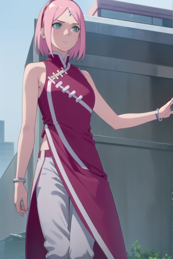 sakuraharuno, sakura uchiha, haruno sakura, short hair, (Green Eyes:1.3), Pink Hair, Facial blemishes, Forehead mark, hair band,
break jewelry, No sleeve, pants, bracelet, Sandals, toeless footwear, white pants, dress, red dress,
break outdoors, city, sun, null, cloud,
break looking at viewer, (Cowboy Shot:1.5),
break (masterpiece:1.2), highest quality, High resolution, unity 8k wallpaper, (figure:0.8), (Beautiful fine details:1.6), Highly detailed face, Perfect lighting, Highly detailed CG, (Perfect hands, Perfect Anatomy),