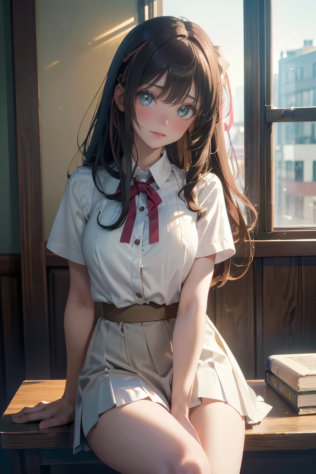 (Masterpiece:1.2, high quality), (pixiv:1.4), (1girl:1.2), (solo:1.2), beautiful caucasian woman, pale skin, solver hair, hair ribbon, face mask, detailed green eyes, (detailed eyes), wavy hair, asymmetric hair, bangs, (blush:1.2), (looking away), looking sideways, detailed neck, collabone, , unbuttoned white shirt, brown skirt, bare thighs, sitting beside window, windowsill, professional photography, vivid colors, soft lighting, high contrast, intrinsic details, natural beauty, aesthetic indoors, classroom, artistic details, (detailed face), ultra-detailed, 4k, HD, (highres:1.5), highly focused face, blurry background