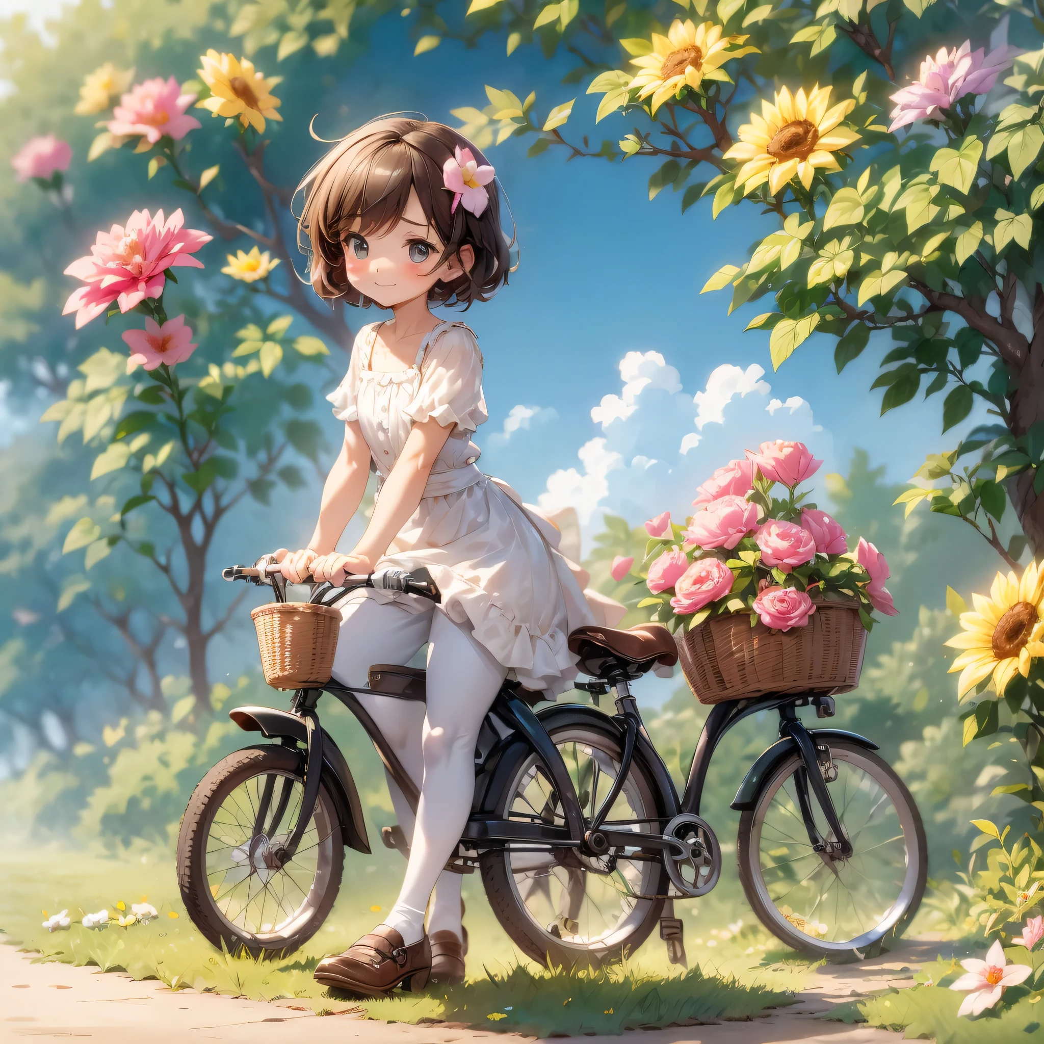 please create a truly chic and elegant, cute riding a bicycle reading flowers, intriguing and vibrant watercolor colors on a white background, with the fun and charming caption: BOM DIA