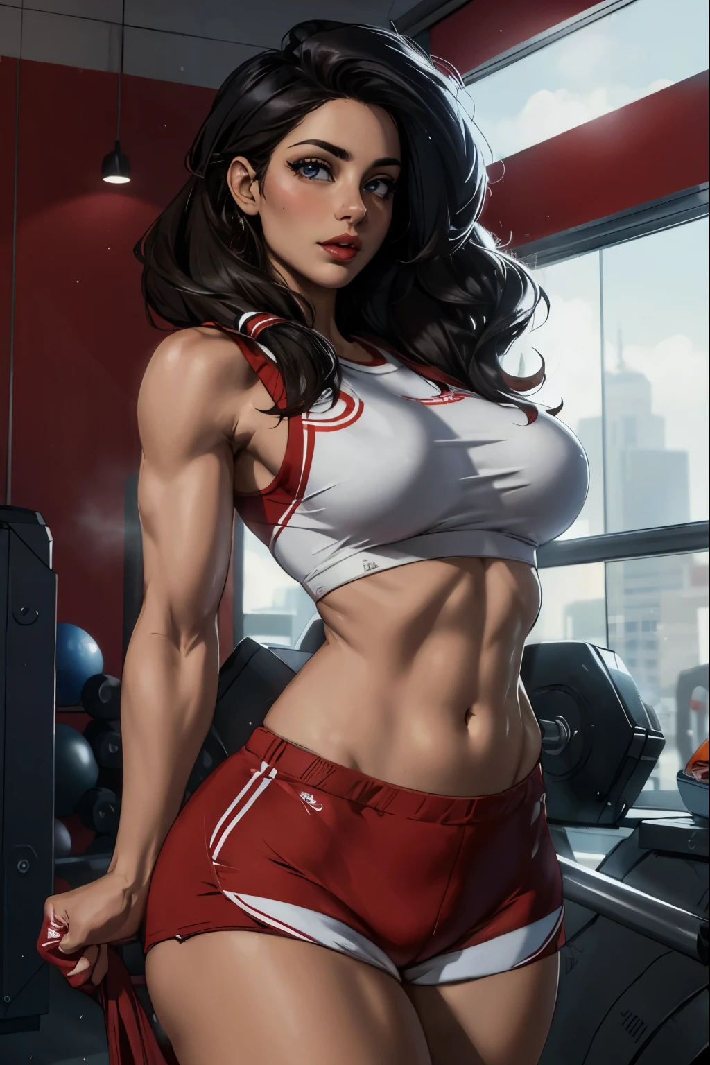 Masterpiece, Sarah Shahi,  wearing shorts, perfect detailed eyes, red lips, particles, inside gym,