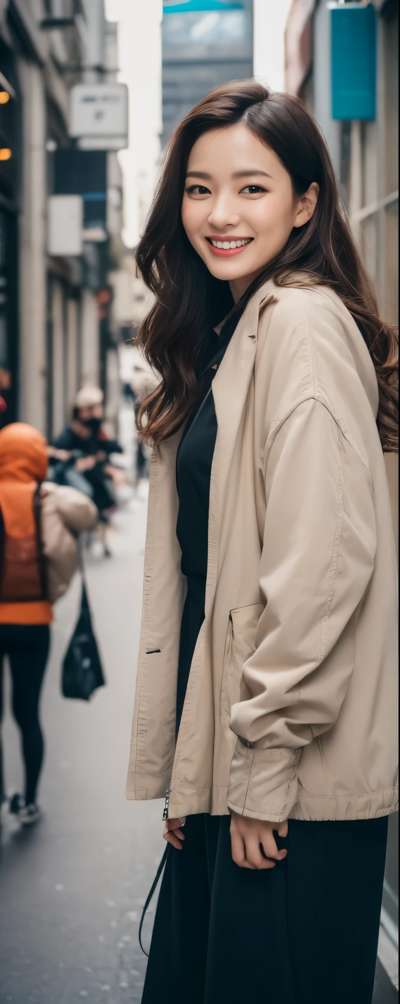 masuterpiece, Best Quality, Illustration, Ultra-detailed, finely detail, hight resolution, 8K Wallpaper, Perfect dynamic composition, from front, Beautiful detailed eyes, ,Medium wavy Hair, wearing oversize rider jacket:1.2, long pants, make up:1.1, Random poses,Smile, Omotesando Street Walk, 28 years girl