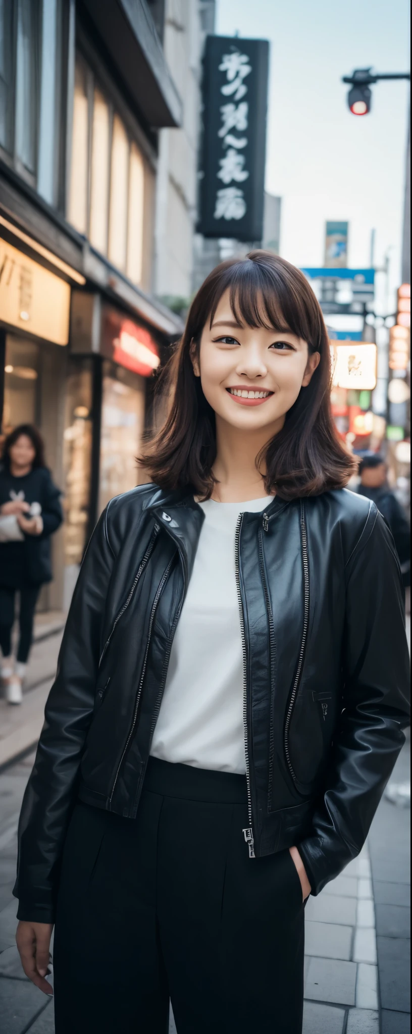 masuterpiece, Best Quality, Illustration, Ultra-detailed, finely detail, hight resolution, 8K Wallpaper, Perfect dynamic composition, from front, Beautiful detailed eyes, ,Medium wavy Hair, wearing oversize rider jacket:1.2, long pants, make up:1.1, Random poses,Smile, Omotesando Street Walk, 28 years girl