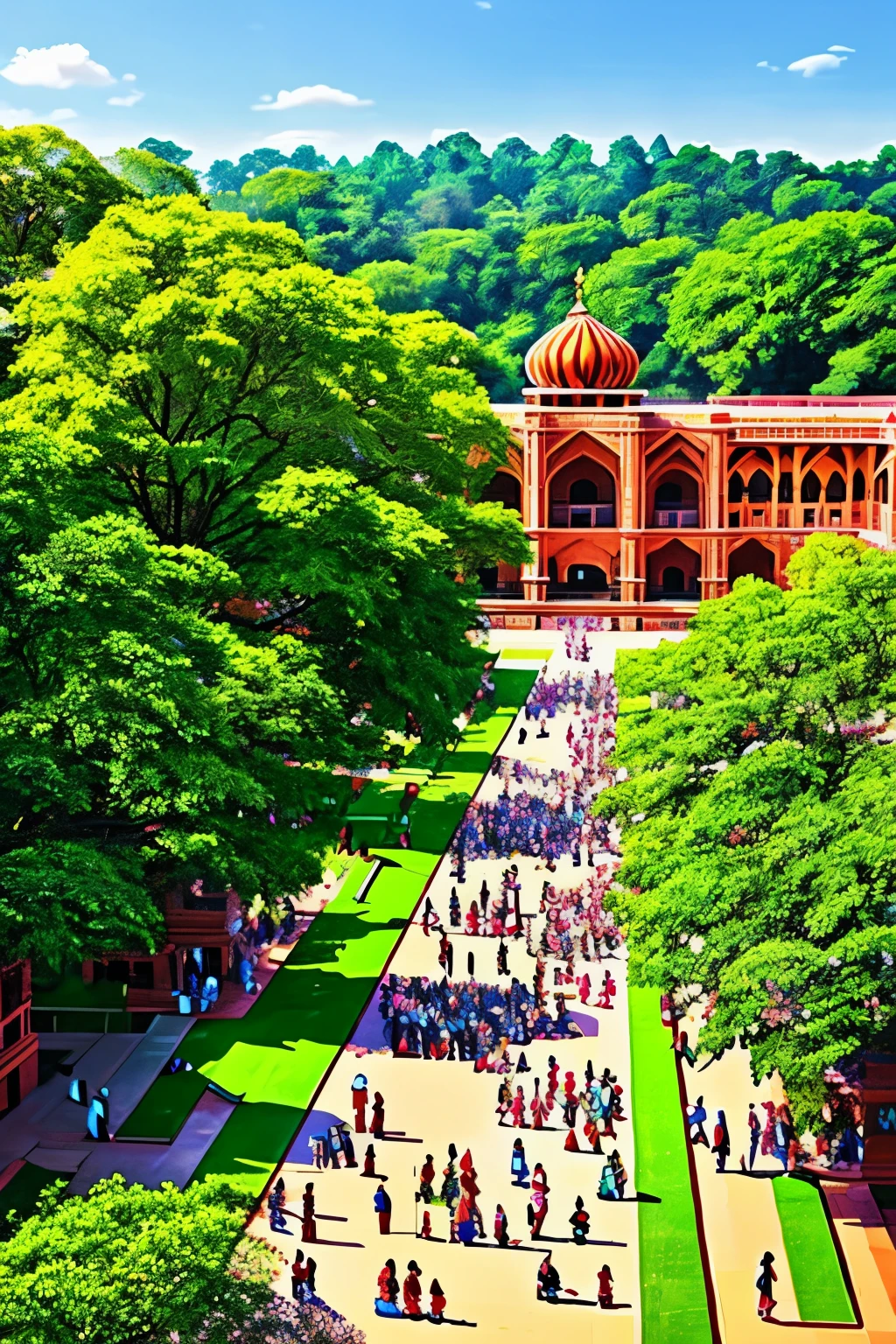 Top-down view illustration of a vibrant and colorful bustling college campus in India, students walked briskly between ancient sandstone buildings and open emerald green spaces. Traditional architectural elements such as arched doorways adorned with intricate carvings and grand domes graced the scene. The sun shone brightly in the clear blue skies, casting long, dappled shadows beneath the trees. Every detail came alive, from the vibrant saris fluttering in the breeze to the students chatting animatedly in groups. The illustration was rendered in a detailed and lively outlined doodle style, bringing the energy and excitement of college life to life. --s 10