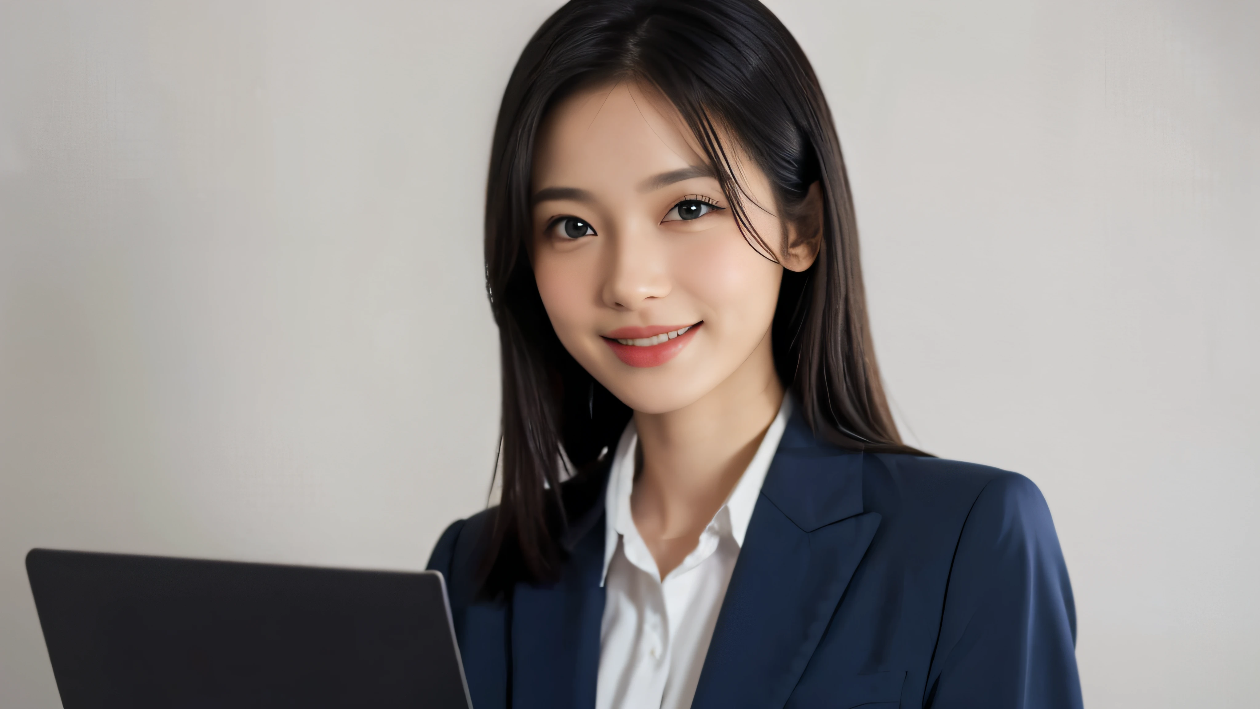 (Realistic: 1.4), (highest quality: 1.4), (Fine grain), Full body shot, ((White background)), ((Looking at a laptop)), ((One adult woman)), Black Hair, ((Navy blue suit)), Wide eyes, Blushed face, ((smile)), Highly detailed face and skin texture, Healthy Skin, 8k resolution