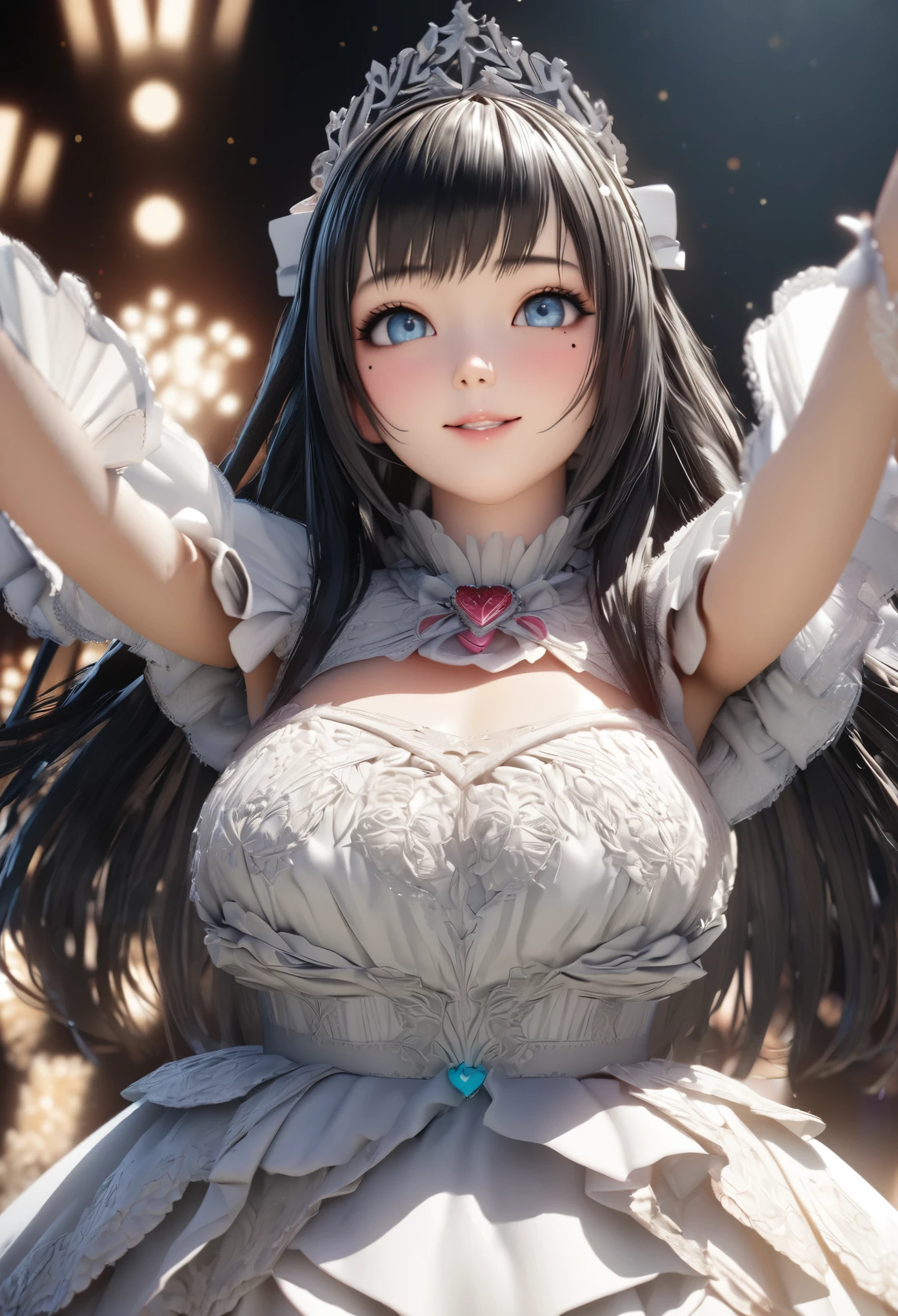 One Girl、Looking at the audience、
Beautiful Blue Eyes、Long black hair、Mole under the eye、Plump and glossy lips、Heart-shaped choca、Idol、smile、ー、。.。.。.。.。.。.。.。.。.。.。.。.。.。.。.。.。.。.3D、Realistic、
Princess dress with too many frills、Drape clothes、gem、The decoration has been removed、Floral、Lace trim、bright stage、
masterpiece、highest quality、8k、Detailed skin texture、Detailed cloth texture、Beautifully detailed face、Intricate details、Very detailed、
超A high resolution、8K Ultra HD、Film Grain、Best Shadow、delicate、Gazing at the audience、front