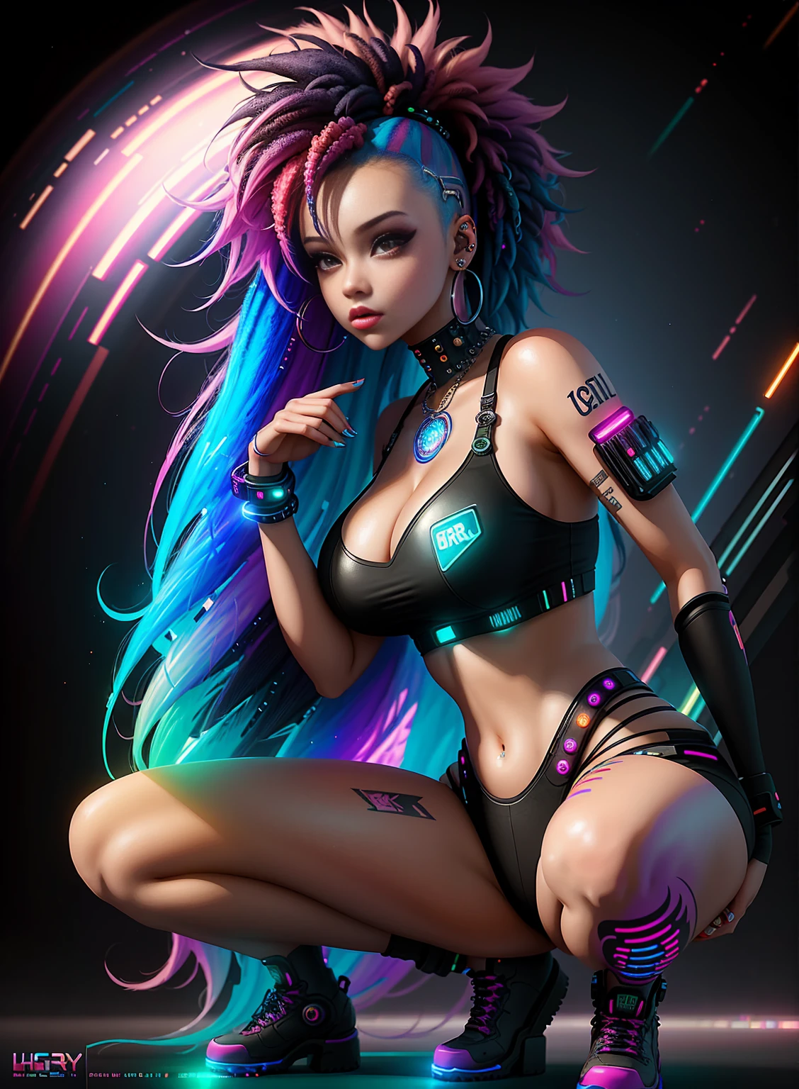 ((best quality)), ((masterpiece)), ((realistic)), (detailed), (1 girl squatting) full body woman with colorful hair and piercings, dreamy cyberpunk girl, 4K high-detail digital art, stunning digital illustration, stunning 8K artwork, colorful digital fantasy art, colorful and dark, beautiful digital artwork, colorful digital painting, cyberpunk digital anime art, girl with luminous wave, 8K HD digital wallpaper art, gorgeous digital painting