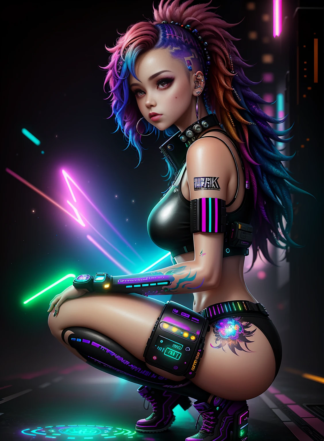 ((best quality)), ((masterpiece)), ((realistic)), (detailed), (1 girl squatting) full body woman with colorful hair and piercings, dreamy cyberpunk girl, 4K high-detail digital art, stunning digital illustration, stunning 8K artwork, colorful digital fantasy art, colorful and dark, beautiful digital artwork, colorful digital painting, cyberpunk digital anime art, girl with luminous wave, 8K HD digital wallpaper art, gorgeous digital painting