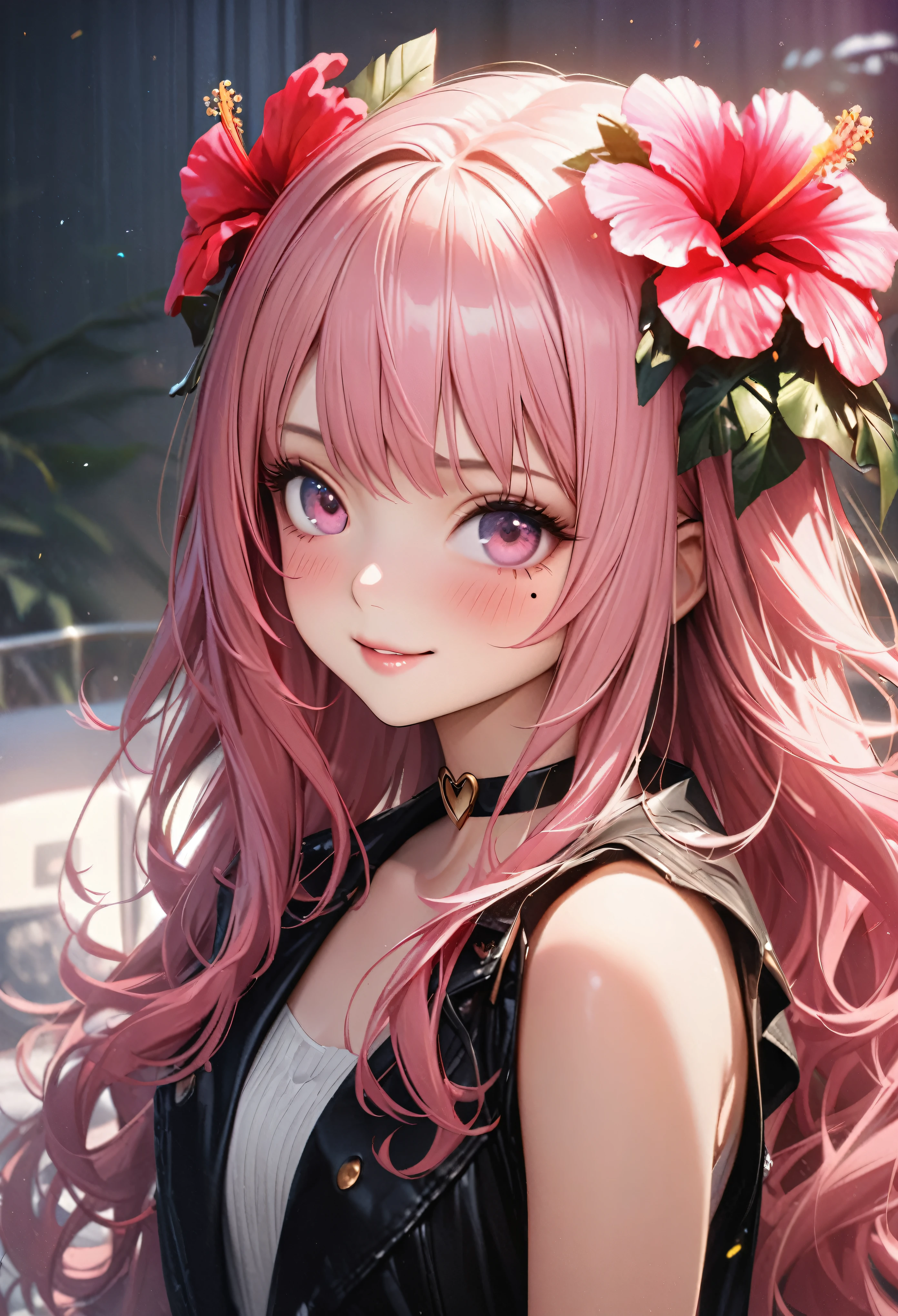 masterpiece, highest quality, Very detailed, High resolution, Expensive resolution, High resolution, 4K, 8k, unity 8k wallpaper, Very detailed CG, masterpiece, Realistic、 Beautiful details, depth, Fine texture, highest quality: 1.3, Total concentration, Crisp skin, he, Very cute anime, Cute like an idol, expensive pink long hair, One Girl, Aloha One Piece, morning, Breakfast, Hibiscus Hair Accessories, Smiling long pink hair, whole body, Mole under eye, Line Sight, expensive, blush, Lips parted, heart, Pink Eyes, choker