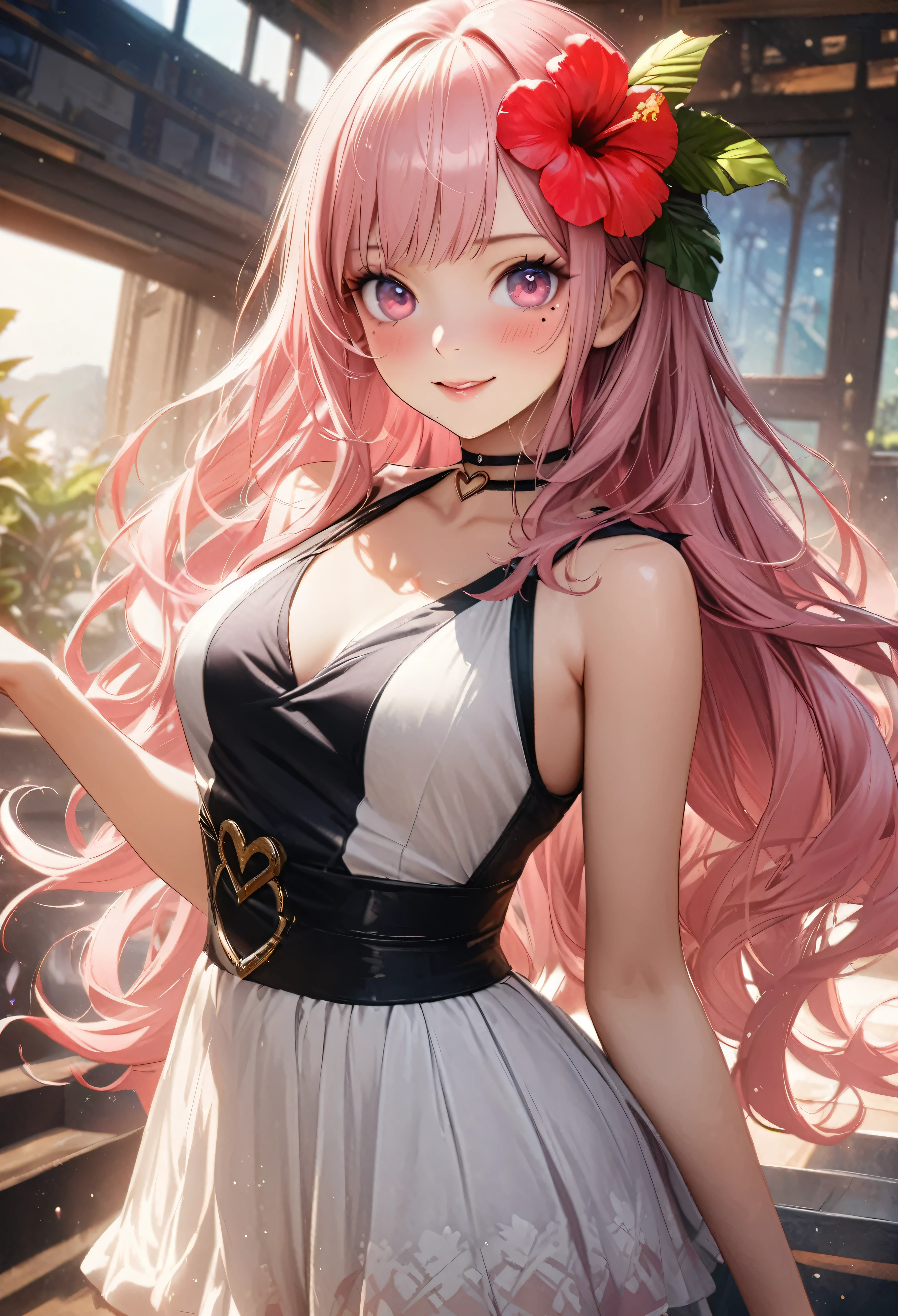 masterpiece, highest quality, Very detailed, High resolution, Expensive resolution, High resolution, 4K, 8k, unity 8k wallpaper, Very detailed CG, masterpiece, Realistic、 Beautiful details, depth, Fine texture, highest quality: 1.3, Total concentration, Crisp skin, he, Very cute anime, Cute like an idol, expensive pink long hair, One Girl, Aloha One Piece, morning, Breakfast, Hibiscus Hair Accessories, Smiling long pink hair, whole body, Mole under eye, Line Sight, expensive, blush, Lips parted, heart, Pink Eyes, choker