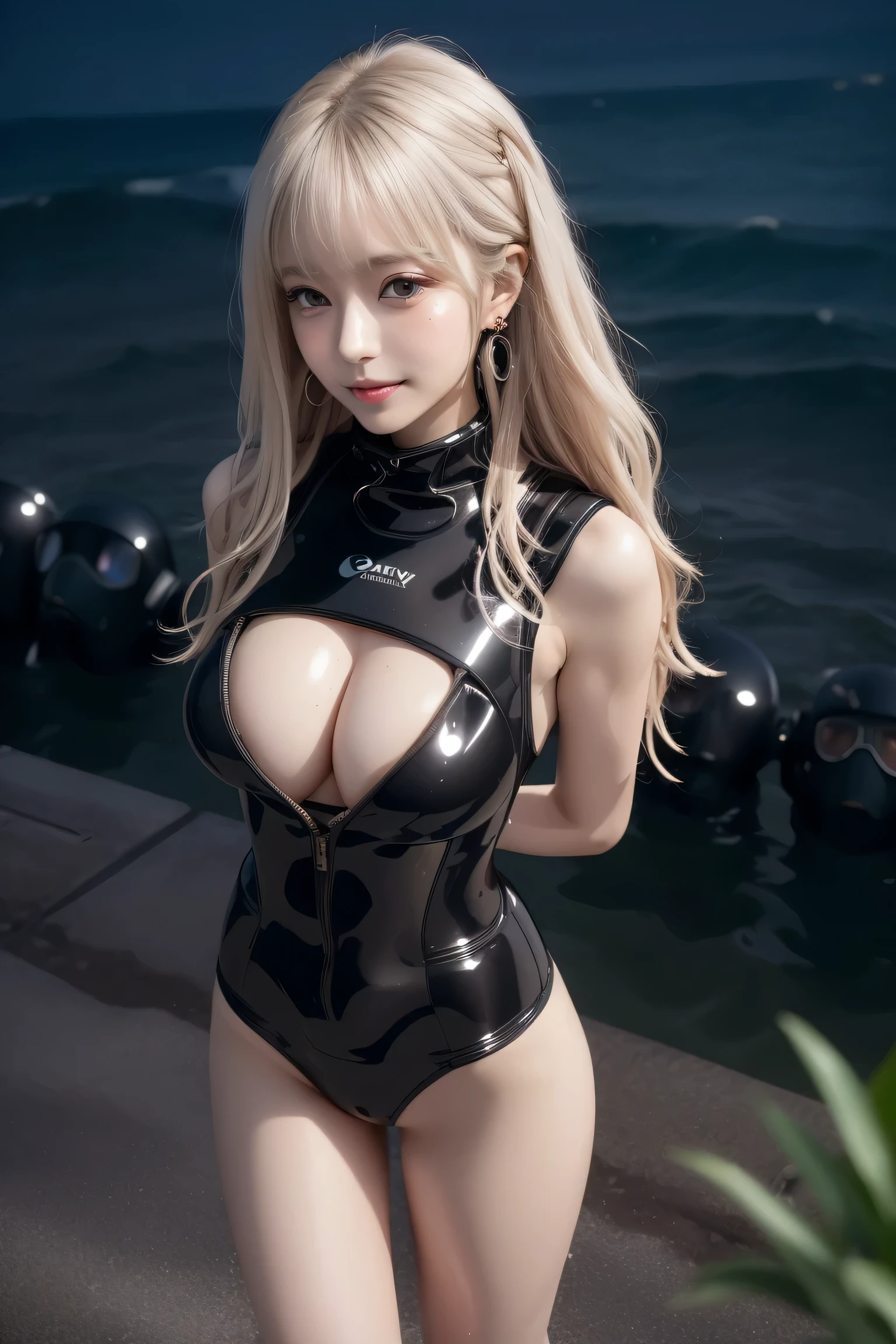 (masterpiece:1.3), high resolution, ultra detailed, extremely detailed CG unity 8k wallpaper, realistic, photo-realistic, RAW photo, beautiful detailed face, pale skin, realistic glistening skin, detailed cloth texture, detailed hair texture, Perfect body, Beautiful Face, accurate, Anatomically correct, Highly detailed face and skin texture, natural neck length, (beautiful hands), (fair skin:1.2), Thin legs, Thin feet, Sexy thighs, small face,
BREAK,
Detailed eyes, symmetric eyes, Light Brown eyes, Double eyelids, Thin eyebrows, (Glossy lips:1.4), (pretty smile:1.2), (blush:1.1), The perfect style of 7 heads,
BREAK,
((1 girl:1.3, 19yo:1.3)), ((wearing a diving suit(high-neck, Black color, Cool pattern, very tight):1.3)),
(large breasts:1.3), (accentuated breasts:1.2, firm breast, nicely shaped breasts, slender figure:1.1), firm abs,
(Layered Hairstyle, Dark brown hair, wavy hair, medium long hair):1.2,
BREAK,
((Standing with arms behind back into the sea:1.4)),
((in the Japan's Self-Defense Force base:1.2)), (Upper body shot:1.2), (From below:1.2),
BREAK (maid ,Racing Model),
BREAK (sweden pornstar),((sweden girl,white skin,white person)),
BREAK (gyaru:1.1),,(Glamour:1. 3),(night),(Japan pornstar),photo of a beautiful skinny woman (supermodel:1.3),,((upturned eyes)),((Angle from above:1.3)),from above、Looking at camera,
BREAK (earrings, and rings:1.2),