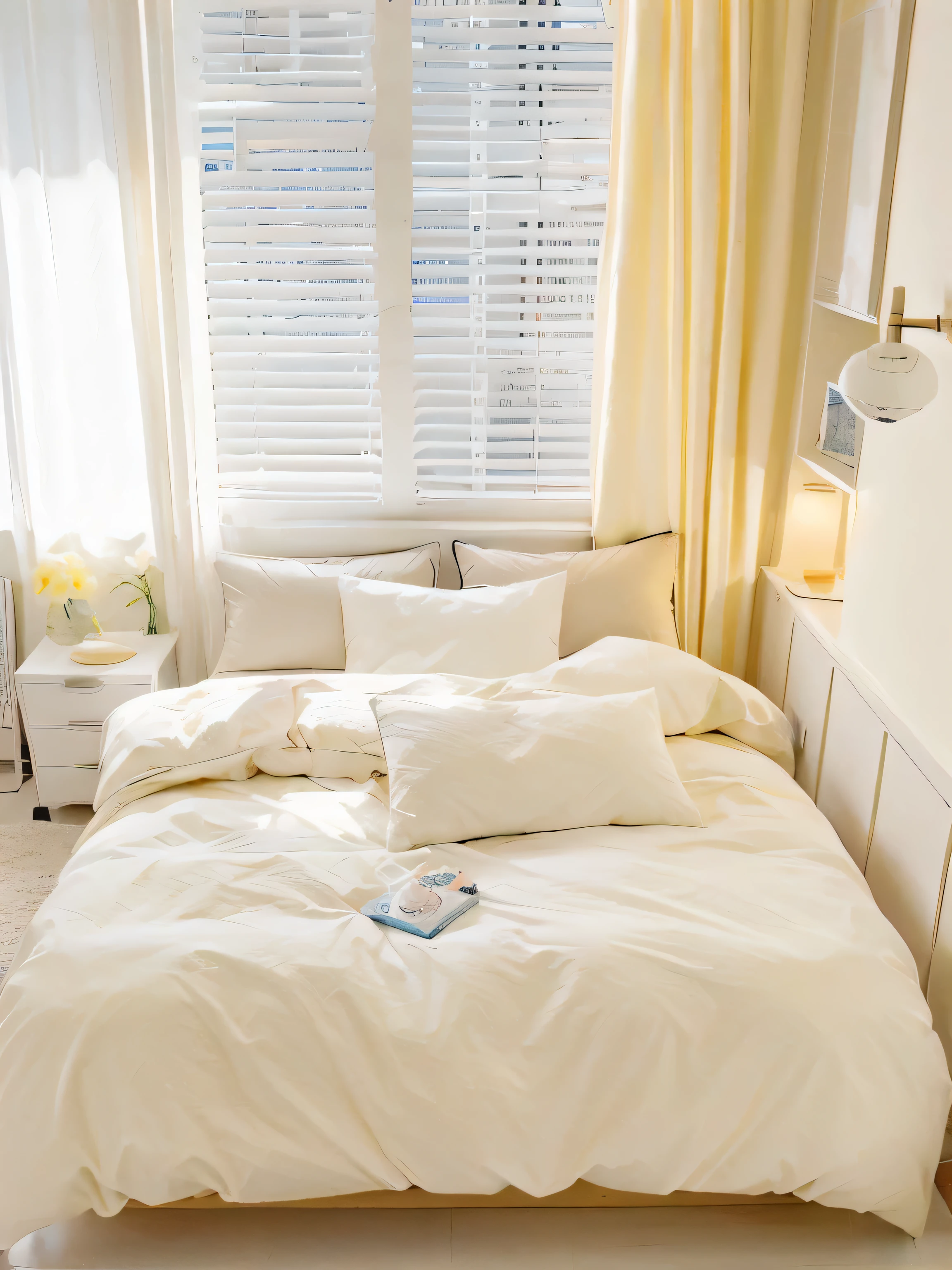 there is a bed with pillows and a pillow case in a room, light cream and white colors, cream - colored room, cream and white color scheme, white bed, light beige pillows, white sheets, cozy bed, ivory, bed room, beige color scheme, white color, white, pale yellow walls, white and yellow scheme, detailed with high quality