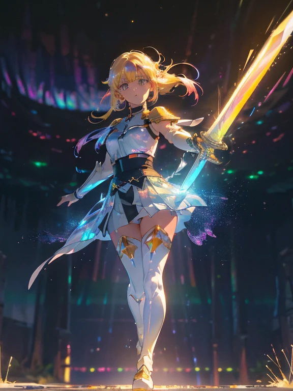 asunayuuki, With two swords, White combat uniform, Sword Art Online Adaptation, Red strokes that simulate the speed of the character, Battle Mode, (Ultra-realistic), {extremely detailed 8k CG unit wallpaper}, Vast landscape photos, (A central view that prioritizes the entire character, (Wide Open Field View), (low  angle shot), (Highlight: 1.5), (low illuminance: 1.0), (Warm light source: 1.0), intricate-detail, (Iridescent colors: 1.5), (Bright lighting), (Atmospheric lighting), Sword Art Online, Dreamy, Anime、（Best Quality: 1.3), 8K, (masutepiece: 1.3), Ultra High Resolution, 1 girl, Extra huge, Oversize, (Sword: 1.5), open stance, Dynamic Attack Action Pose, slush, attack action, (speeding) Girl moving in the sky at high speed, (slow motion:1.3), (Motion Blur:1.3), (SPEEDLINE:1.4), Sense of speed, elf, (White armor), (forest), Blonde, (Full body: 1.4), Cute face, Medium Hair, 18 years old,