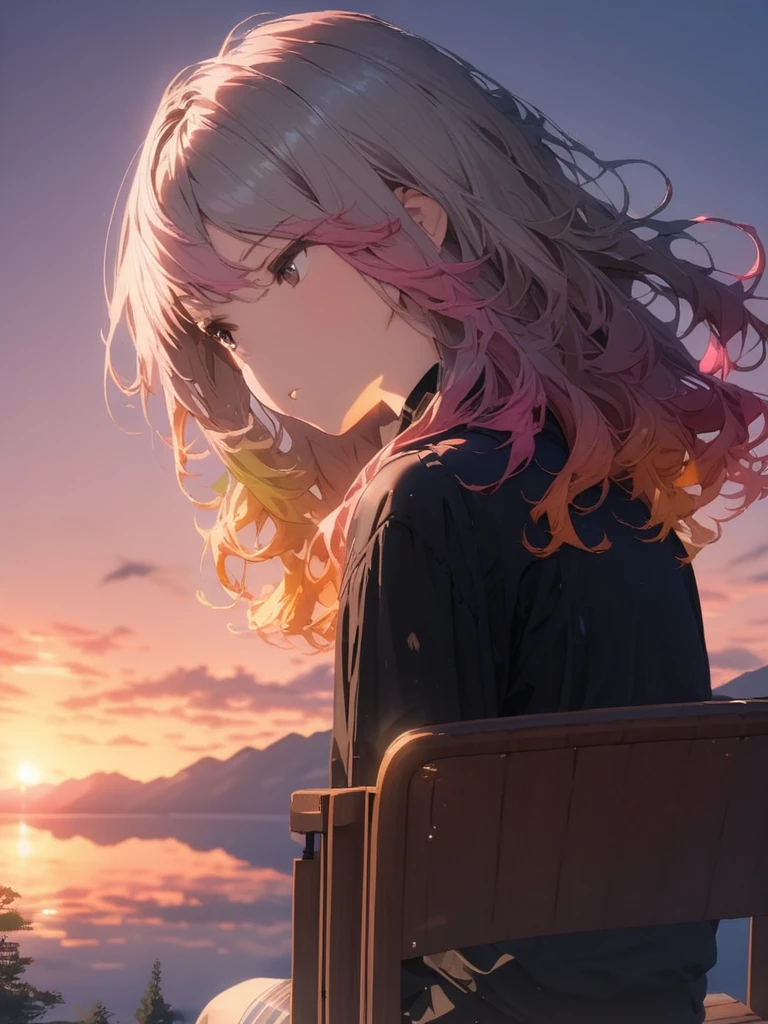 (looking away:3.5),(masterpiece:1.2), (best quality),(ultra detailed),(extremely detailed),(absolutely resolution) ,absurdres,8k, 1girl-drinking-hot-coffee-in-cafeteria-outdoor,sitting-on-the-woody-chair, grin, sunset, from the middle of a mountain, cake, beautiful-landscape-background, mountain, shinny-lake, flowers, windy, 
BREAK,  ultra detailed eyes, long hair, messy hair, (gradation hair:2.5), tanktops, skirt,