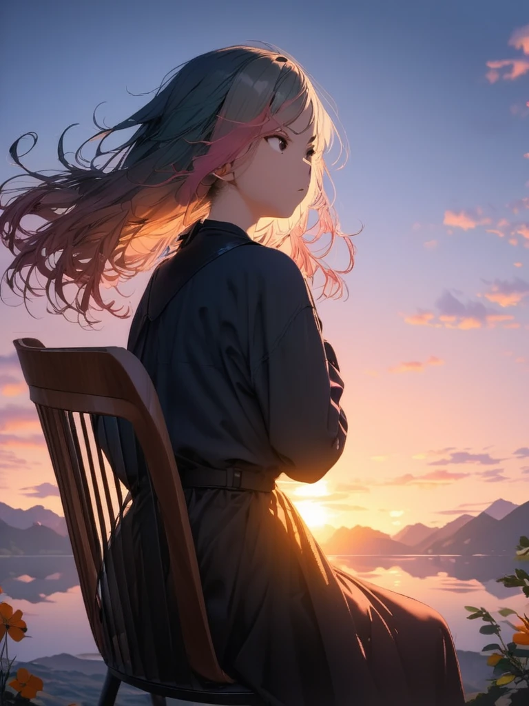 (looking away:3.5),(masterpiece:1.2), (best quality),(ultra detailed),(extremely detailed),(absolutely resolution) ,absurdres,8k, 1girl-drinking-hot-coffee-in-cafeteria-outdoor,sitting-on-the-woody-chair, grin, sunset, from the middle of a mountain, cake, beautiful-landscape-background, mountain, shinny-lake, flowers, windy,
BREAK, ultra detailed eyes, long hair, messy hair, (gradation hair:2.5), tanktops, skirt,