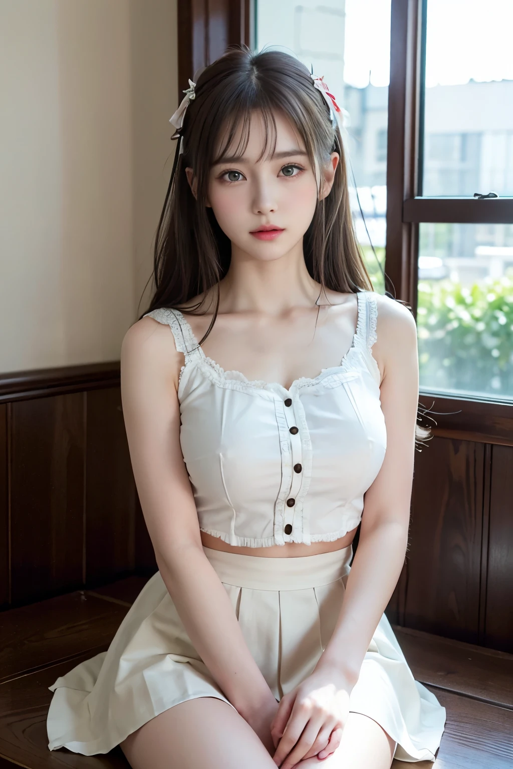 (Masterpiece:1.2, high quality), (pixiv:1.4), (1girl:1.2), (solo:1.2), beautiful caucasian woman, pale skin, solver hair, hair ribbon, face mask, detailed green eyes, (detailed eyes), wavy hair, asymmetric hair, bangs, (blush:1.2), (looking away), looking sideways, detailed neck, collabone, , unbuttoned white shirt, brown skirt, bare thighs, sitting beside window, windowsill, professional photography, vivid colors, soft lighting, high contrast, intrinsic details, natural beauty, aesthetic indoors, classroom, artistic details, (detailed face), ultra-detailed, 4k, HD, (highres:1.5), highly focused face, blurry background