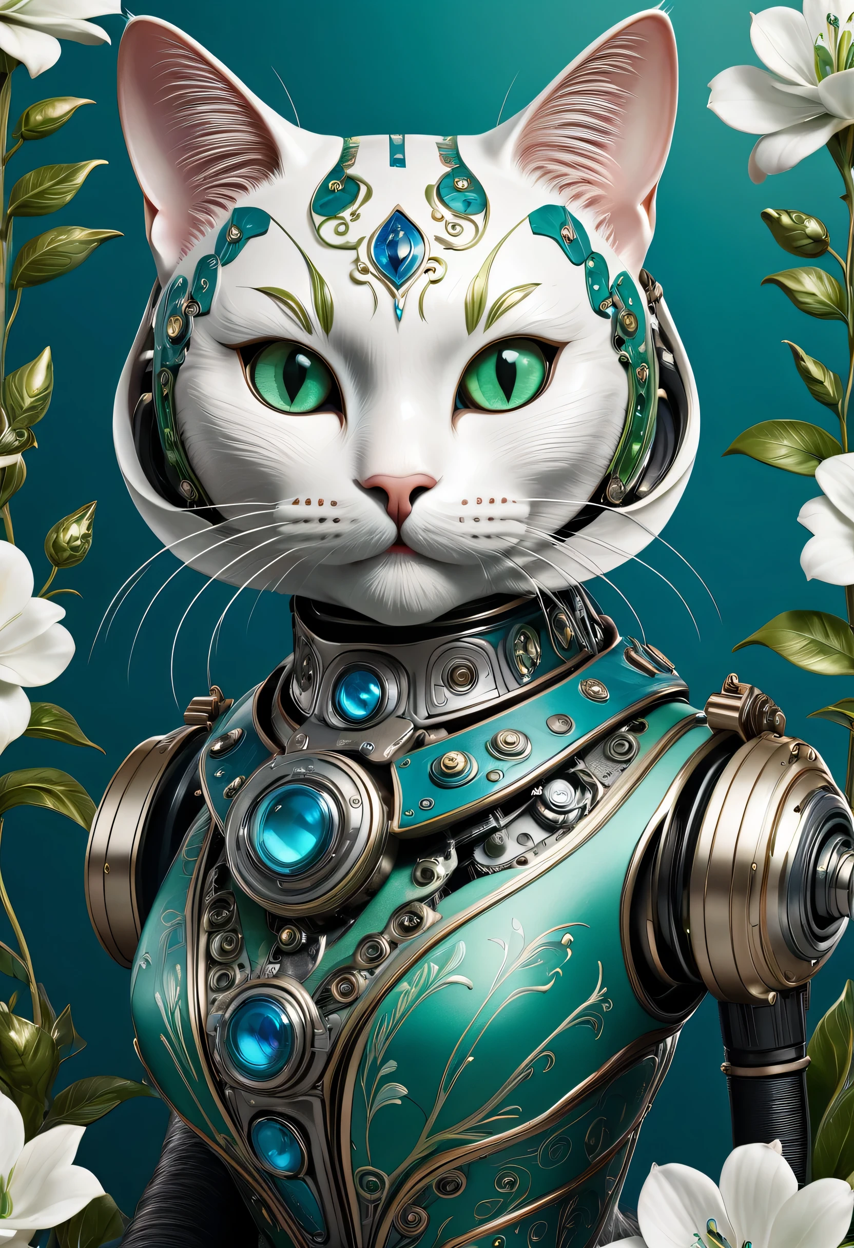 Mechanical cat，Photorealistic，Anthropomorphic cat，Role Settings，Ultra High Definition Graphics，Delicate face，8k，Magazine Cover，Floral background decoration，Strong color contrast，deep color，Blue green white tones