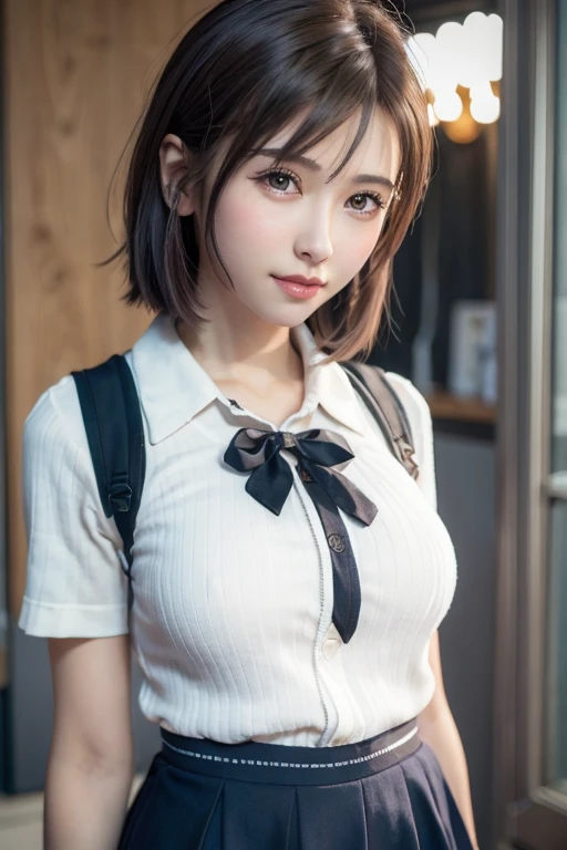 (8k、Photorealistic、Raw photo、highest quality: 1.3)、（real skin）,Beautiful expression、High Detail、超A high resolution、(One Girl)、Super Beauty、(True Face)、(boyish、Natural color very short hair)、Rough chest T-shirt、Captivate your audience、Beautiful breasts、Lover&#39;s point of view、Beautiful smile、attractiveSurreal、hanikami,(school uniform:1.2,navy:1.5,katyusha)