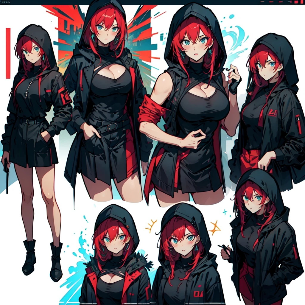 Wine red hair, A large woman wearing a hood,Nervous,Cowboy Shot, ,High quality generation of dark female characters, Unreasonable,Her figure is terribly beautiful, Emphasizing the dark and crazy elements. Skillfully expressing the effects of light and shadow, detailed, The face and expression are carefully drawn.., Artistic elements add depth to the work, With a unique artistic touch. This film is visually stimulating and aesthetically pleasing.,sketch (Character design sheet, same characters, whole body, Three-View, front, ~ ~ side, return)