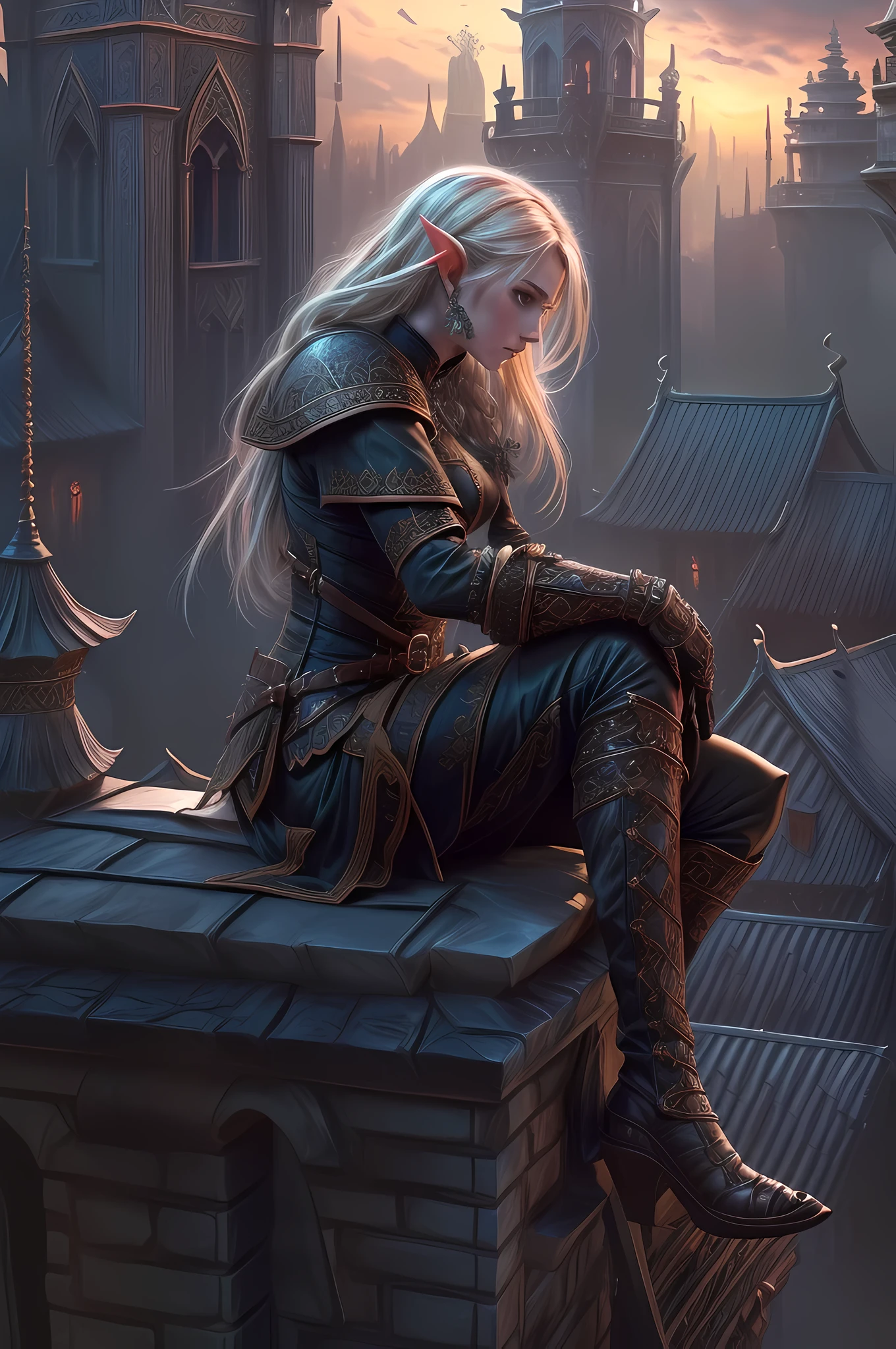 fantasy art, d&d art, rpg art, realistic art, goth art, a, high details, best quality, 16k, [ultra detailed], masterpiece, best quality, (extremely detailed), dynamic angle, RAW, photorealistic, a picture of an epic fantasy thief , kneeling on roof top (best details, Masterpiece, best quality: 1.5) on top of a roof in goth fantasy city, ready for action, plenty of buildings, a temple (best details, Masterpiece, best quality: 1.5), female elf (best details, Masterpiece, best quality: 1.5), epic fantasy thief, [[anatomically correct]], blond hair, braided hair, fair skin, intense bright eyes, armed with dagger, dynamic position (intricate details, Masterpiece, best quality: 1.5), small pointed ears, dark armor, full leather armor (intricate details, Masterpiece, best quality: 1.5), tense atmosphere, night, stars light, moon light, moon rays, stars, best details, best quality, highres, ultra wide angle, drkfntasy night over the roof top of a goth church, the elf watches the city below,  it is ready to act, medieval city background