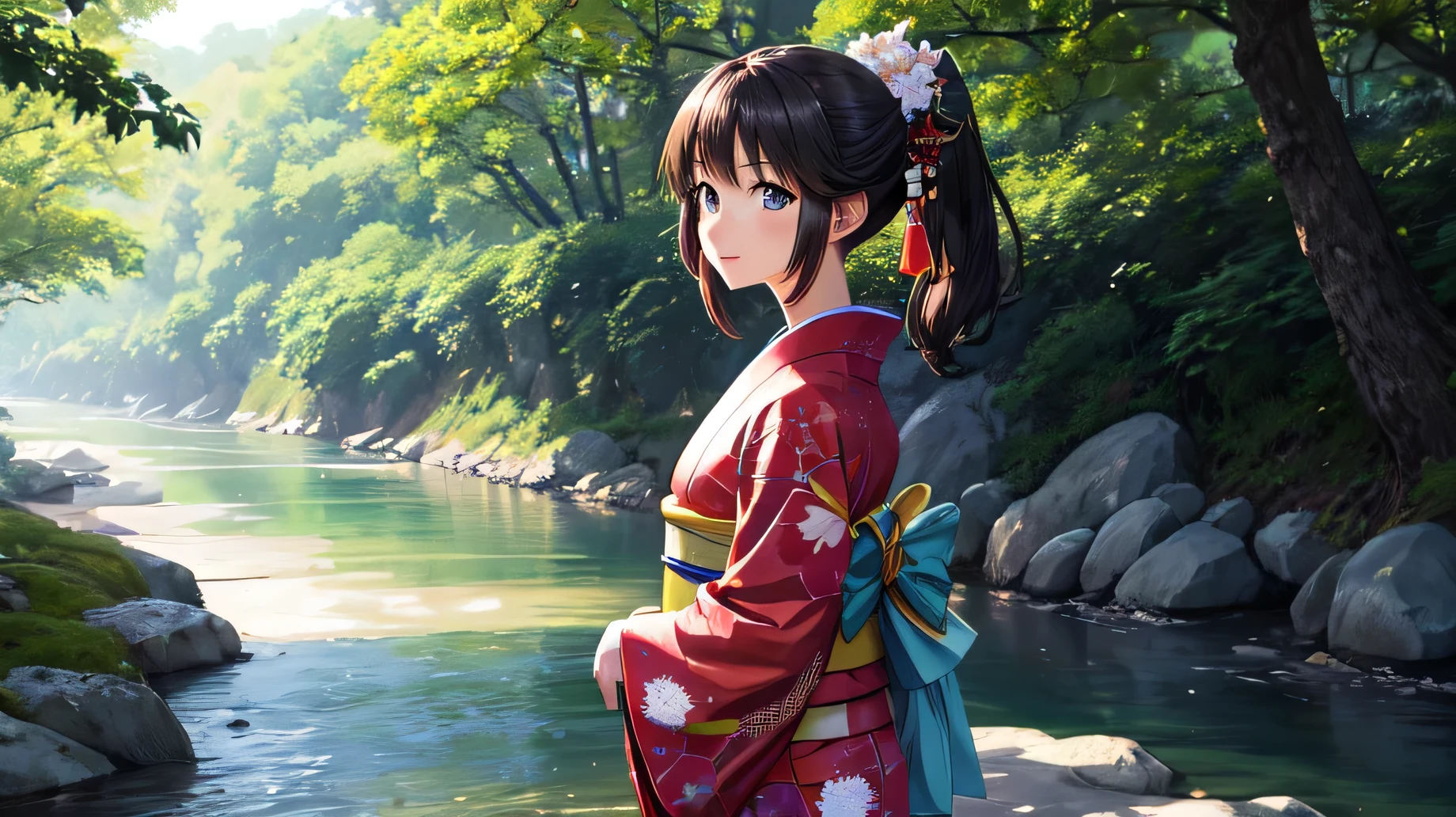 for anime,A beautiful woman in a Japanese kimono is looking at the scenery by the river,summer light