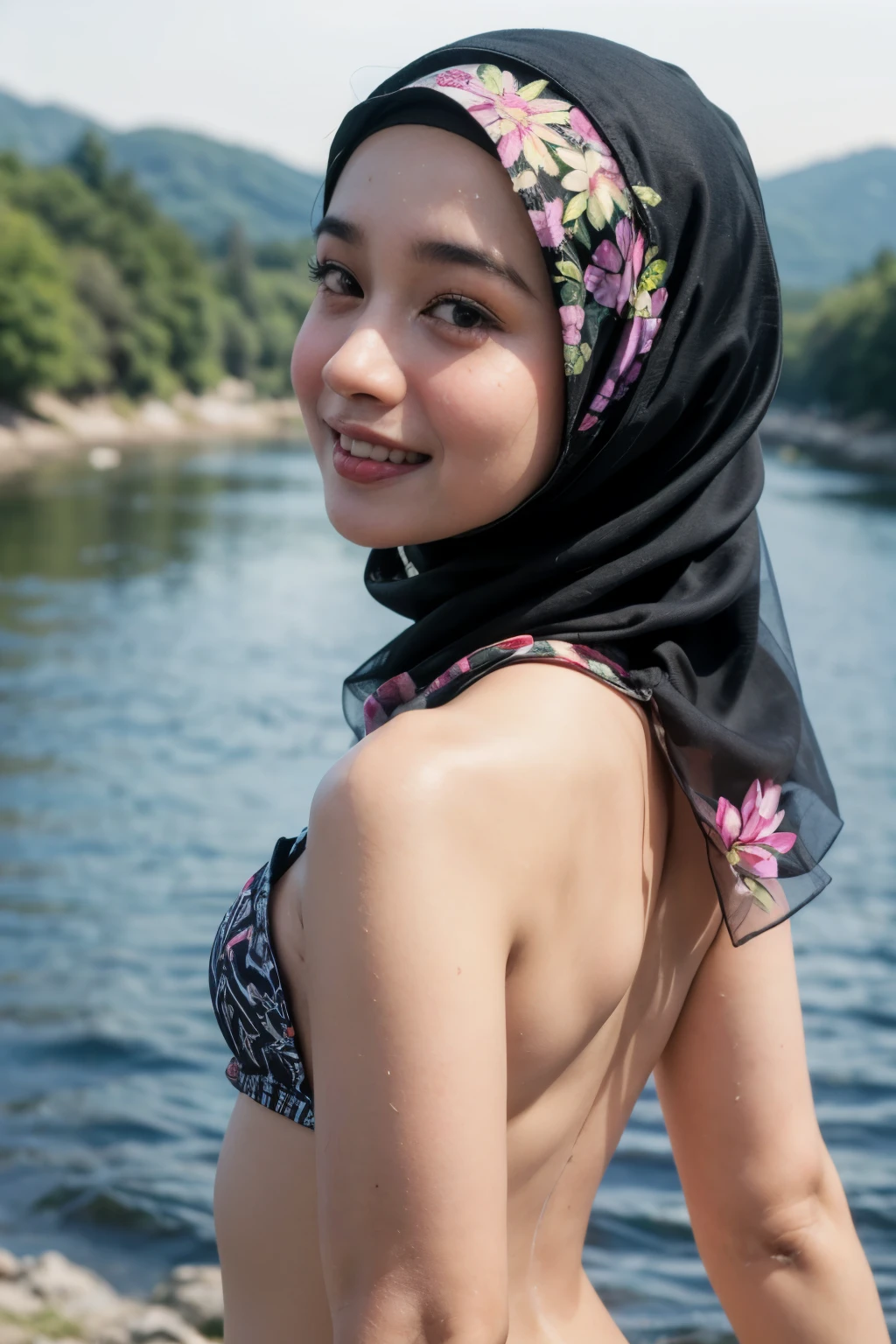 (strapless Colourful bra, (floral pattern), ((Happy Smile)), Naked singlet (((HIJAB MALAY GIRL))), masutepiece, High quality, UHD 32K, Realistic face, Realistic skin feeling , A Japanese Lady, 8 , , Very cute and baby-like face, (((FLAT CHEST))), (MATRIX WORLD), ((look In front  at the camera and SADNESS)), ((())), (((CUTE GIRL))), ((BLACK LIPS)), ((CHUBBY)), (undress, at river, (view from behind up),