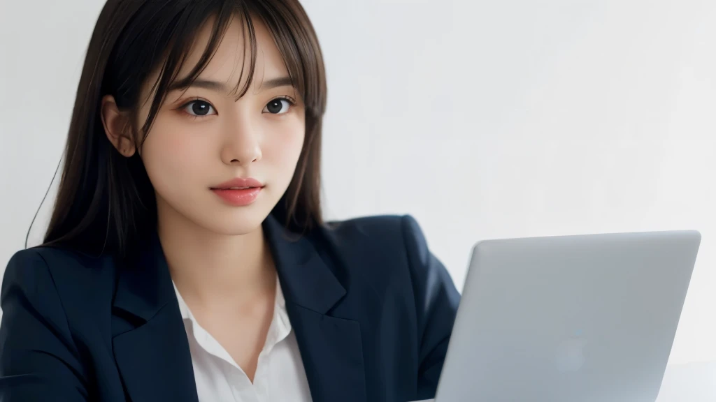 (Realistic: 1.4), (highest quality: 1.4), (Fine grain), Full body shot, ((White background)), ((Looking at a laptop)), ((One adult woman)), Black Hair, ((Navy blue suit)), Wide eyes, Blushed face, ((smile)), Highly detailed face and skin texture, Healthy Skin, 8k resolution