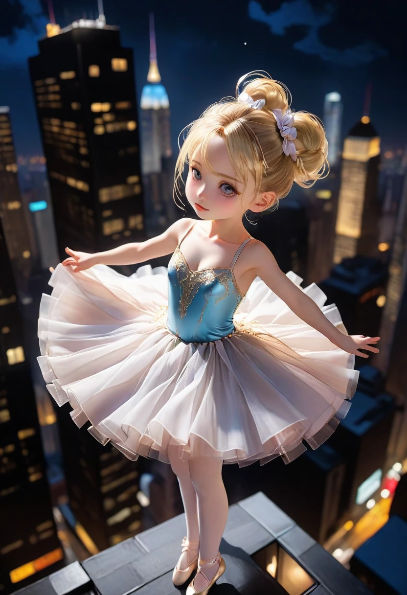 #quality(8k,wallpaper of extremely detailed CG unit, ​masterpiece,hight resolution,top-quality,top-quality real texture skin,hyper realisitic,increase the resolution,RAW photos,best qualtiy,highly detailed,the wallpaper,cinematic,golden ratio), BREAK ,solo,(a girl is dancing a ballet at the very edge of the rooftop of the skyscraper),solo,#1girl(chibi,cute,kawaii,teenage girl,blonde hair,ballet bun hair,hair floating,hair messy,white tutu dress,ballet shoes,ballet dancer,breast,full body, from above),#background(dark,at midnight,beautiful city lights,from above),long shot,wide shot,(from above:2.0),vivid color,aerial view