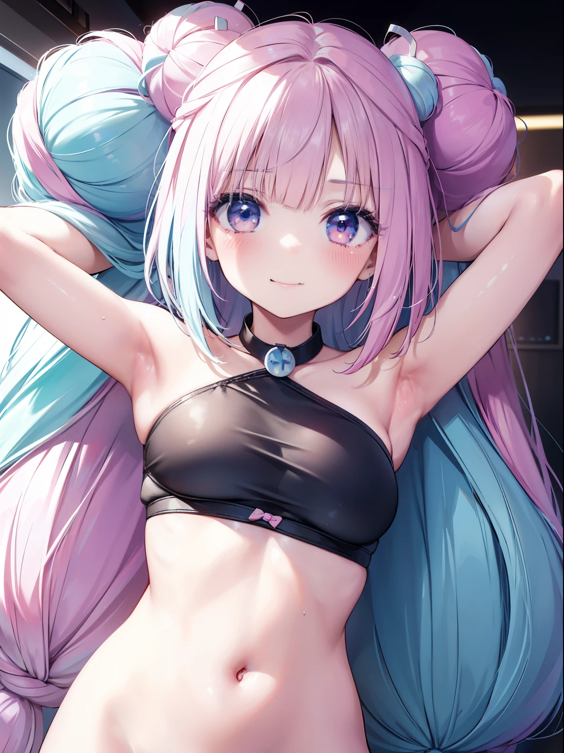 Nanjamo、Good looking girl (blush, Perfect Face), independent , Looking at the camera, masterpiece, Anime art style, Cute Characters, Most detailed, high quality、Nico Nico Smile、long bun hair、、Half blue and half pink hair、Showing armpits、naked