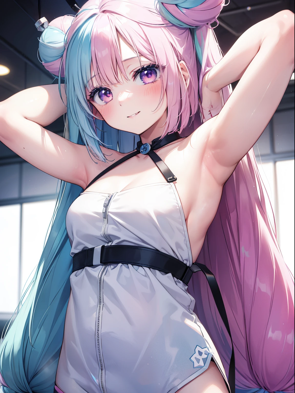 Nanjamo、Good looking girl (blush, Perfect Face), independent , Looking at the camera, masterpiece, Anime art style, Cute Characters, Most detailed, high quality、Nico Nico Smile、long bun hair、、Half blue and half pink hair、Showing armpits、naked