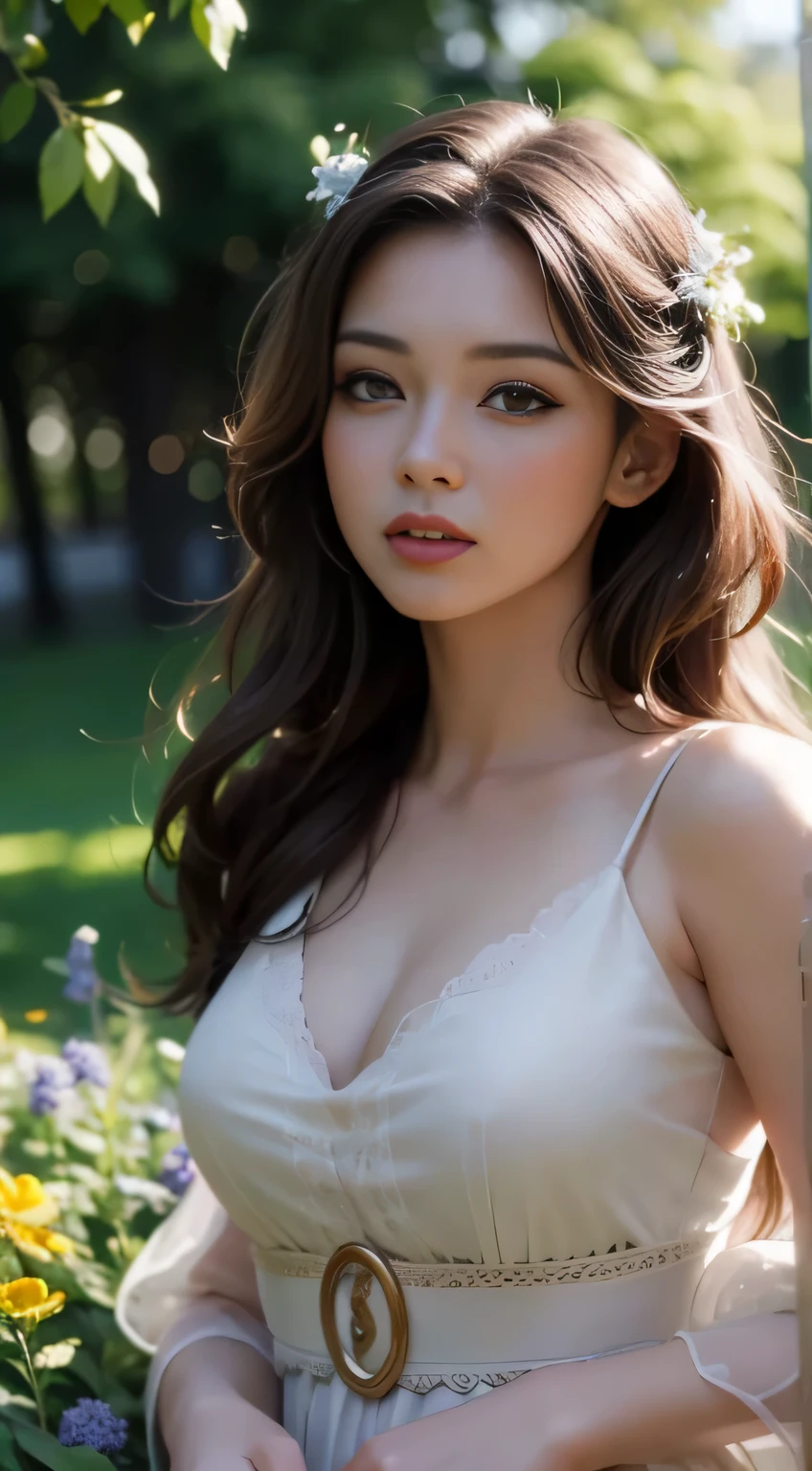 (((masterpiece, highest quality:1.1))), High resolution, (Ultra-detailed), 1 Girl ,light makeup, Mature Woman, Fascinating, elegant, stylish, Torn, Watching the audience , (((Waist length body))) , Perfect body, Beautiful woman, (Beautifully detailed face:1.2), Detailed and beautiful eyes,((Complex)), Perfect hands, Finger details, Mature Woman, boho maxi dresses, Corolla hair and loose waves , Sunlit meadow on wildflower background, Volumetric lighting, ComplexDetails, Sharp focus, Very detailed, Trending on Art Station