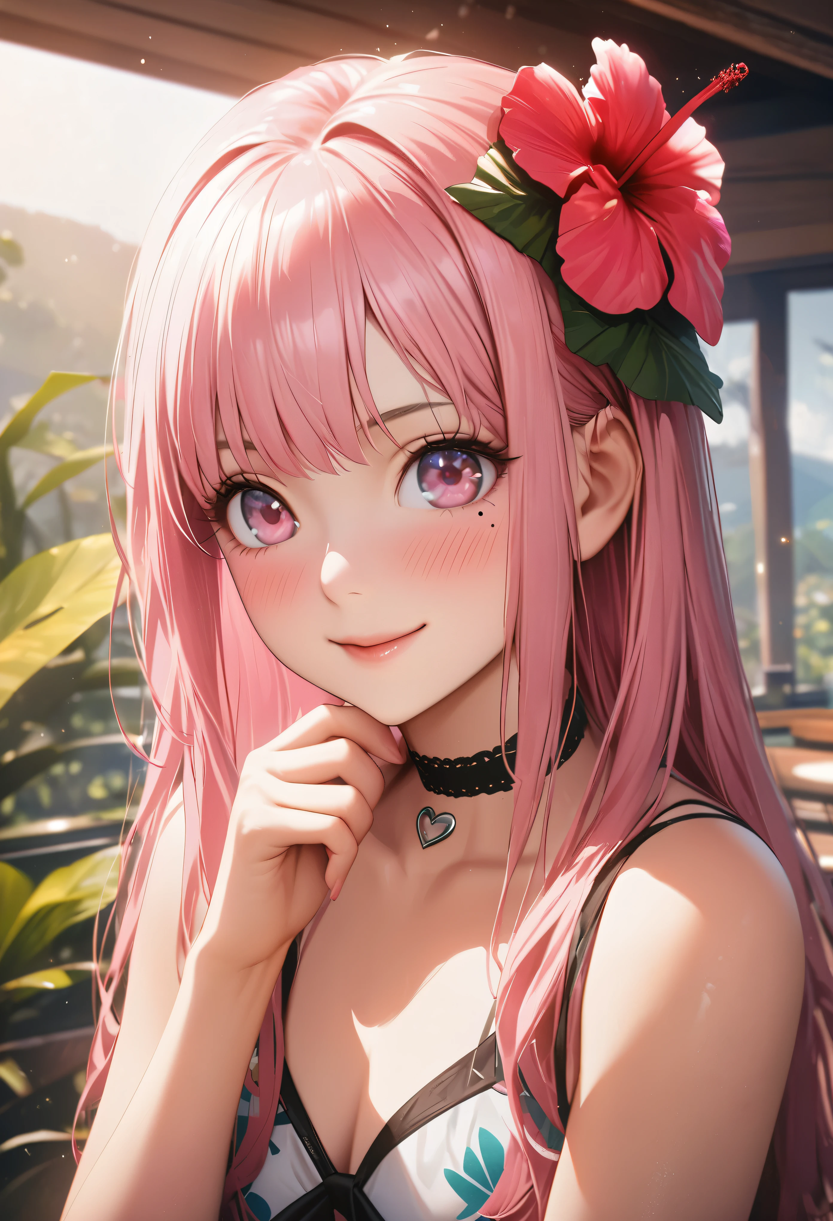 masterpiece, highest quality, Very detailed, High resolution, Expensive resolution, High resolution, 4K, 8k, unity 8k wallpaper, Very detailed CG, masterpiece, Realistic、 Beautiful details, depth, Fine texture, highest quality: 1.3, Total concentration, Crisp skin, he, Very cute anime, Cute like an idol, expensive pink long hair, One Girl, Aloha One Piece, morning, Breakfast, Hibiscus Hair Accessories, Smiling long pink hair, whole body, Mole under eye, Line Sight, expensive, blush, Lips parted, heart, Pink Eyes, choker