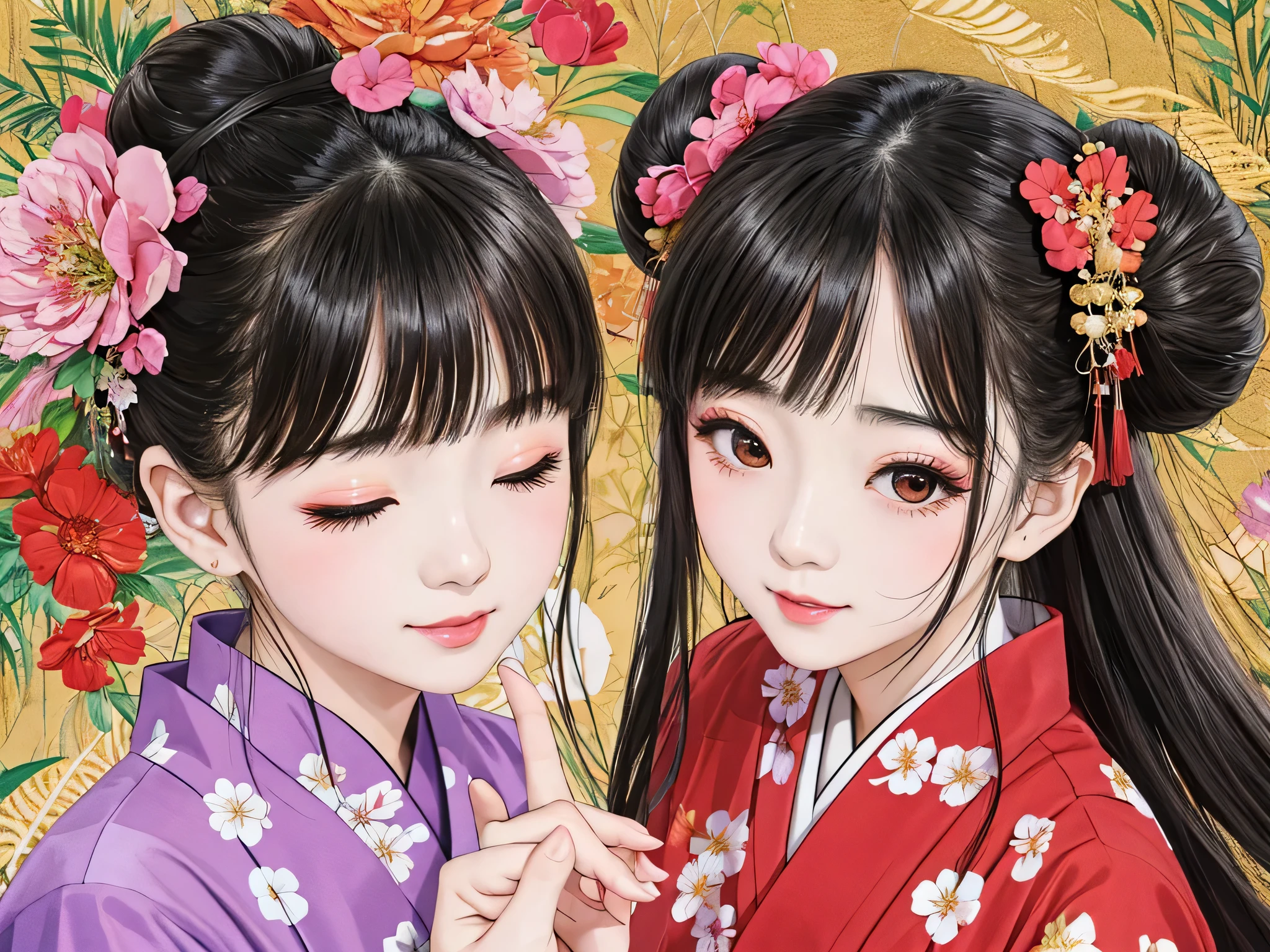 Each has a different expression２People and sisters、(２ girls）、｟Dancing traditional arts with grace)、((Big Breasts、Small Face、Not exposed))、highest quality、masterpiece、（Black Hair、Bun Hair）、Brown Eyes、｟Wide angle、Angle from above the waist、Pause on the magazine cover、Each person has a different perspective when looking into the distance｠、(８K high quality、masterpiece、High resolution、Realistic and beautiful light and shadow、(highest quality)、(High Resolution)、(Very delicate and beautiful)、(Beautiful 8k face)、(Smiling and closing your eyes、Beautiful eyes)、(Clear skin)、(Soft hair)、(８Head to Body)、(A Japanese style yukata kimono with red, pink and orange floral patterns on a white background, interspersed with gold powder、Wearing a yukata２Beautiful Japanese girls)、((Tanabata decoration background))、((Small Face))、(arms up)、Thin and small nose、（Red lipstick）、（Make your cheeks red）、（Glossy skin）、((Ink painting style))、Very thin eyebrows、Overall ultra-high image quality、（She is wearing maiko-style makeup.）、Whitening、Long and beautiful eyelashes、Glowing Skin、（Red cheeks）,Straight nose、masterpiece、highest quality、whole body、 Eyebrows visible through hair、Bun Hair、Grin、Gal、Kogal、Viewer&#39;s Eyes、Plaid、Stylish、woman、fine、Pause、
Waiting to start 
