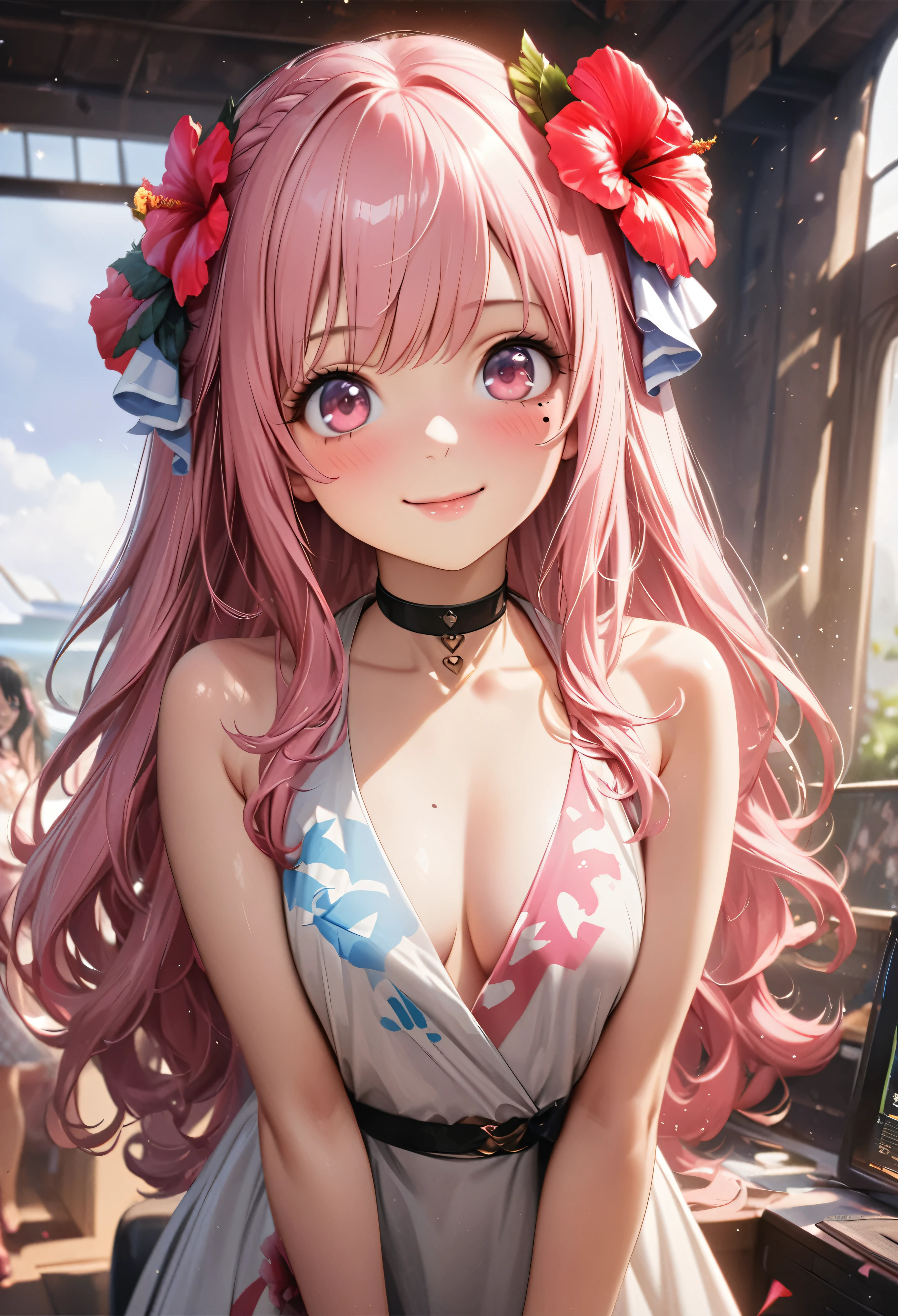 masterpiece, highest quality, Very detailed, High resolution, Expensive resolution, High resolution, 4K, 8k, unity 8k wallpaper, Very detailed CG, masterpiece, Realistic、 Beautiful details, depth, Fine texture, highest quality: 1.3, Total concentration, Crisp skin, he, Very cute anime, Cute like an idol, expensive pink long hair, One Girl, Aloha One Piece, morning, Breakfast, Hibiscus Hair Accessories, Smiling long pink hair, whole body, Mole under eye, Line Sight, expensive, blush, Lips parted, heart, Pink Eyes, choker