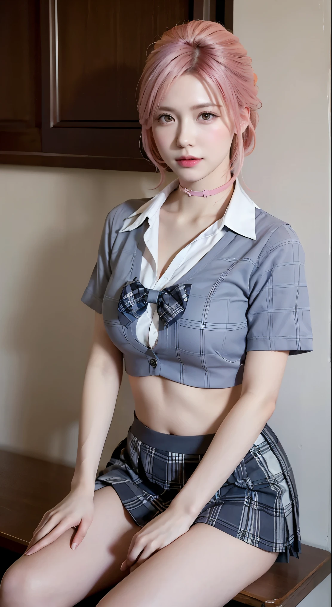(masterpiece:1.2, highest quality), (realistic, photorealistic:1.4), beautiful illustrations,
looking at the viewer, whole body, Front view:0.6,
1 girl, Japanese, high School girl, ((pompadour:1.7, pink hair:1.3)), blown hair, bangs, hair between eyes, medium breasts:1.8,
beautiful hair, beautiful and detailed eyes, beautiful clavicle, beautiful breasts, beautiful thighs, beautiful feet, beautiful fingers,
(beautiful scenery), , School,
((collared short sleeve shirt, white shirt, , Grey plaid pleated skirt, blue plaid bow tie, choker)), white panties,
(Are standing, grab the hem of the skirt, put your hand on your chest, hand between legs, leaning forward),
blush,bikini、Swimwear