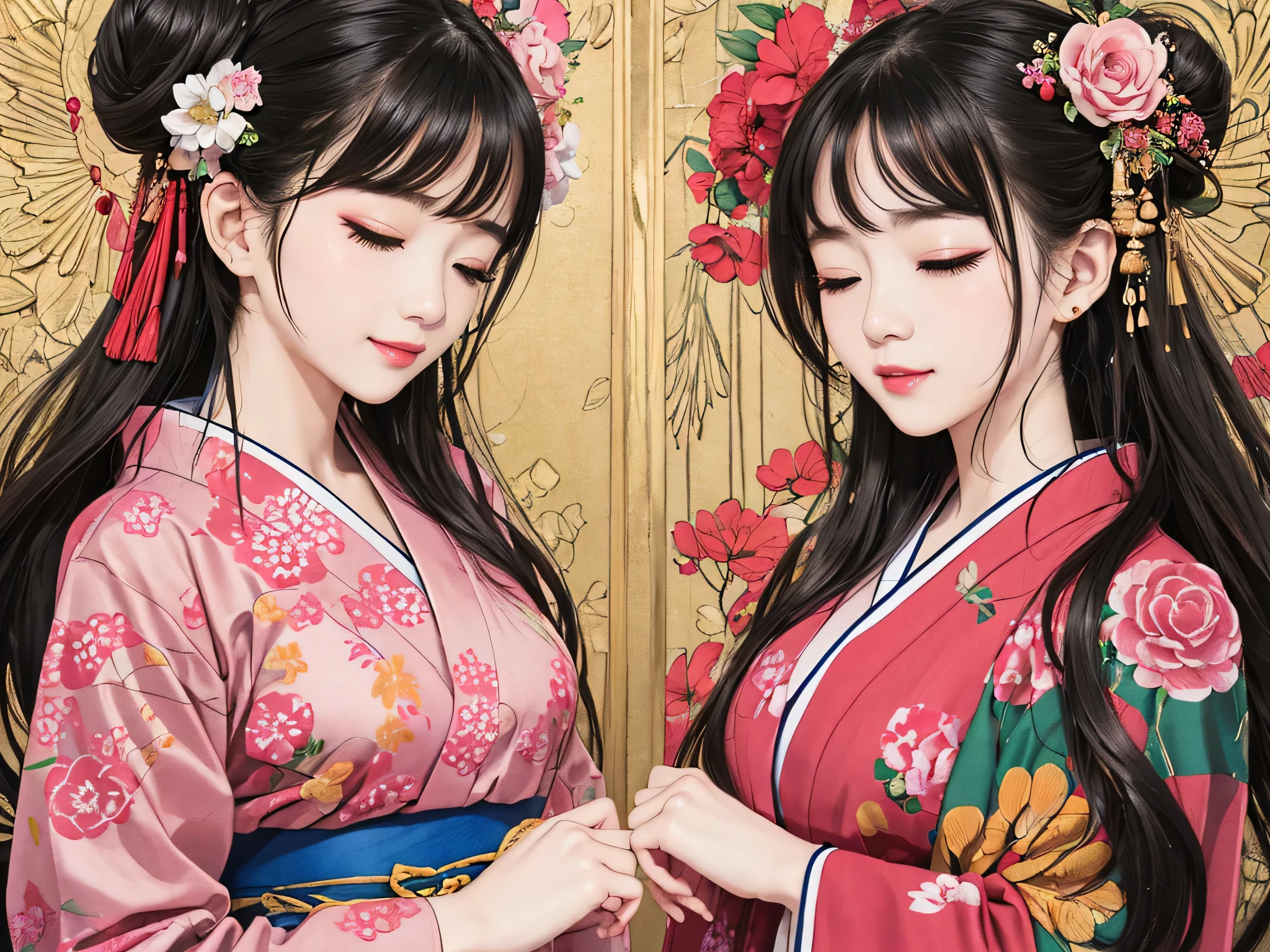 Each has a different expression2People and sisters、(2 girls)、⦅Dancing traditional arts with grace)、((Big Breasts、Small Face、Not exposed))、highest quality、masterpiece、(Black Hair、Bun Hair)、Brown Eyes、⦅Wide angle、Angle from above the waist、Pause on the magazine cover、Each person has a different perspective when looking into the distance⦆、(8K high quality、masterpiece、High resolution、Realistic and beautiful light and shadow、(highest quality)、(High Resolution)、(Very delicate and beautiful)、(Beautiful 8k face)、(Smiling and closing your eyes、Beautiful eyes)、(Clear skin)、(Soft hair)、(8Head to Body)、(A Japanese style yukata kimono with red, pink and orange floral patterns on a white background, interspersed with gold powder、Wearing a yukata2Beautiful Japanese girls)、((Tanabata decoration background))、((Small Face))、(arms up)、Thin and small nose、(Red lipstick)、(Make your cheeks red)、(Glossy skin)、((Ink painting style))、Very thin eyebrows、Overall ultra-high image quality、(She is wearing maiko-style makeup.)、Whitening、Long and beautiful eyelashes、Glowing Skin、(Red cheeks),Straight nose、masterpiece、highest quality、whole body、 Eyebrows visible through hair、Bun Hair、Grin、Gal、Kogal、Viewer's Eyes、Plaid、Stylish、woman、fine、Pause、
Waiting to start