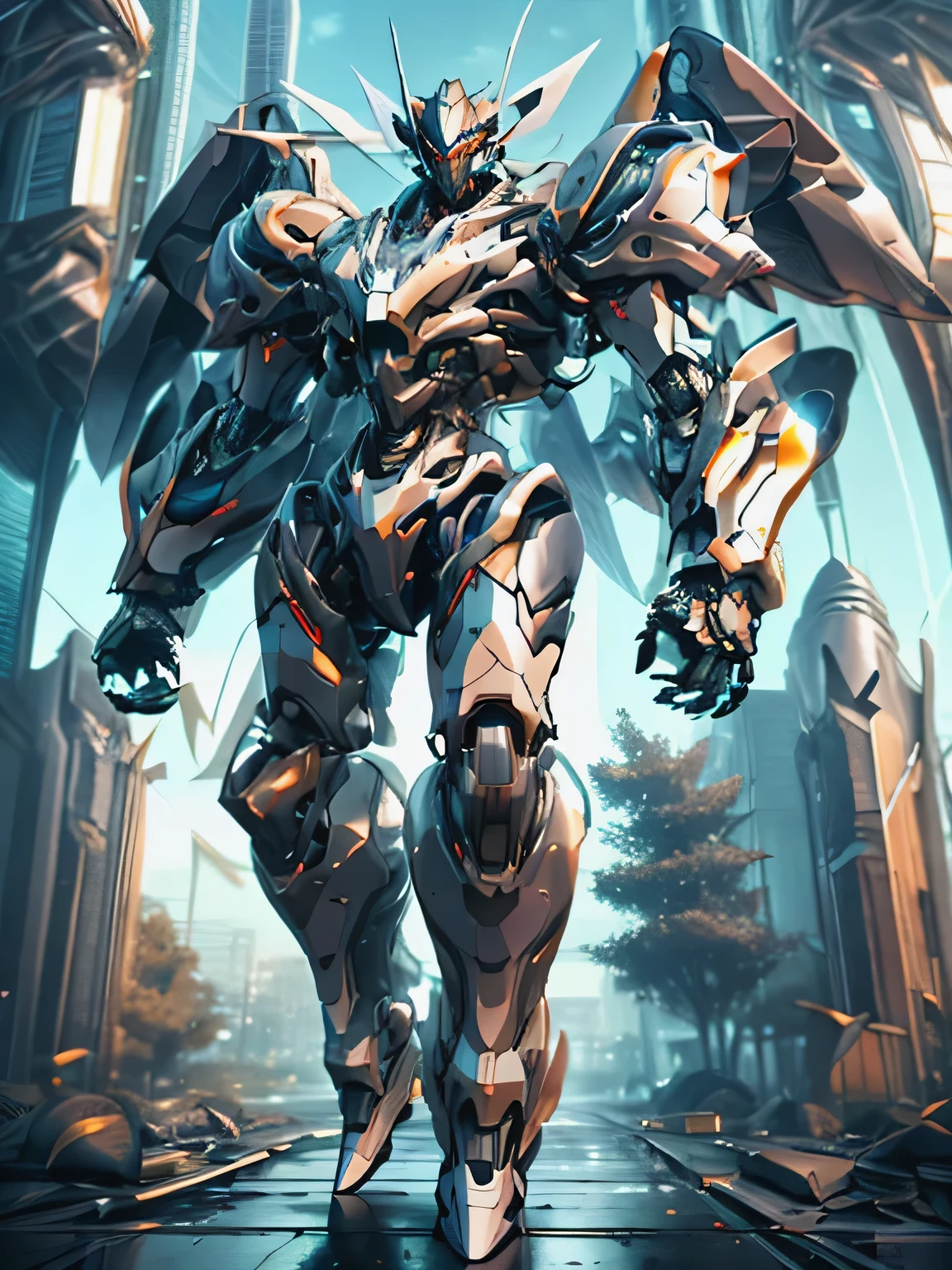 anime character with wings flying in the air in front of a building, an anime large mecha robot, greek god in mecha style, white mecha, alexandre ferra white mecha, mecha art, cool mecha style, modern mecha anime, ferra white mecha, anime mecha aesthetic, anime robotic mixed with organic, giant anime mecha