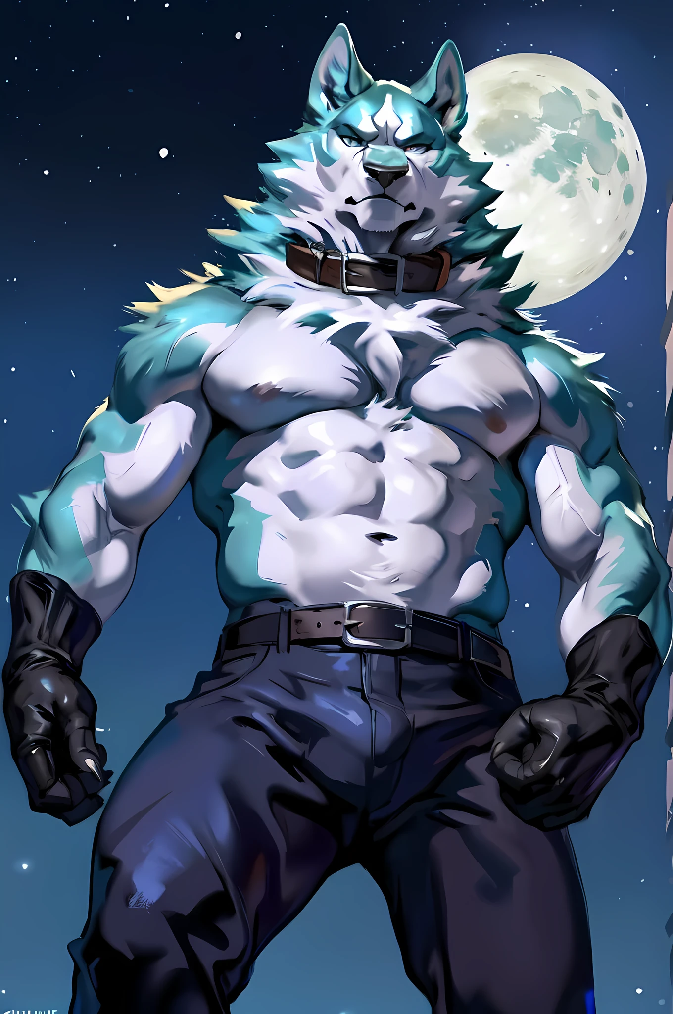 shirou_ogami, shirou_BNA, 4k, high resolution, best quality, posted on e621, solo, anthro body, male, adult, masculine, (very muscular, heavyweight build:1.0), correct anatomy, (night sky background, stars, full moon):1.1, (by taran fiddler, by juiceps, by chunie:1.0), (collar, belt, pants:1.1), (detailed face, detailed eyes:1.1), (cel shaded:1.2), strong shadows, confident, darkness:1.2, dark shadows, standing in shadows, dim, bare chest, bare shoulders, bare arms, wearing gloves, stern face, half body, close-up, low-angle shot