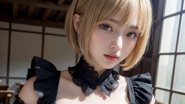 (Bob Cut Hair, Blonde Hair:1.2),(wearing black Gothic Lolita clothes:1.2),1 girl,Japanese,21 years old,(Small breasts:1.3),(highest quality,masterpiece:1.3,超A high resolution,),(Ultra-detailed,Caustics),(Photorealistic:1.4,RAW shooting,)Ultra-Realistic Capture,Very detailed,High resolution 16K human skin close-up。 Natural skin texture、,Pores、、It needs to be detailed enough to be easily identifiable。 Skin should be even-toned and healthy looking。 Use natural light and colour, Sad expression, Looking at the camera, Perfect dynamic composition, Inside the church